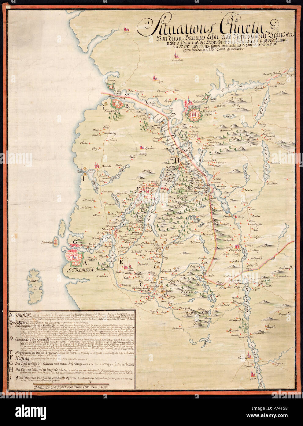 Hand-drawn map showing Swedish border posts in Båhus and Østfold during the Great Nordic War ca 1717-1718 Stock Photo
