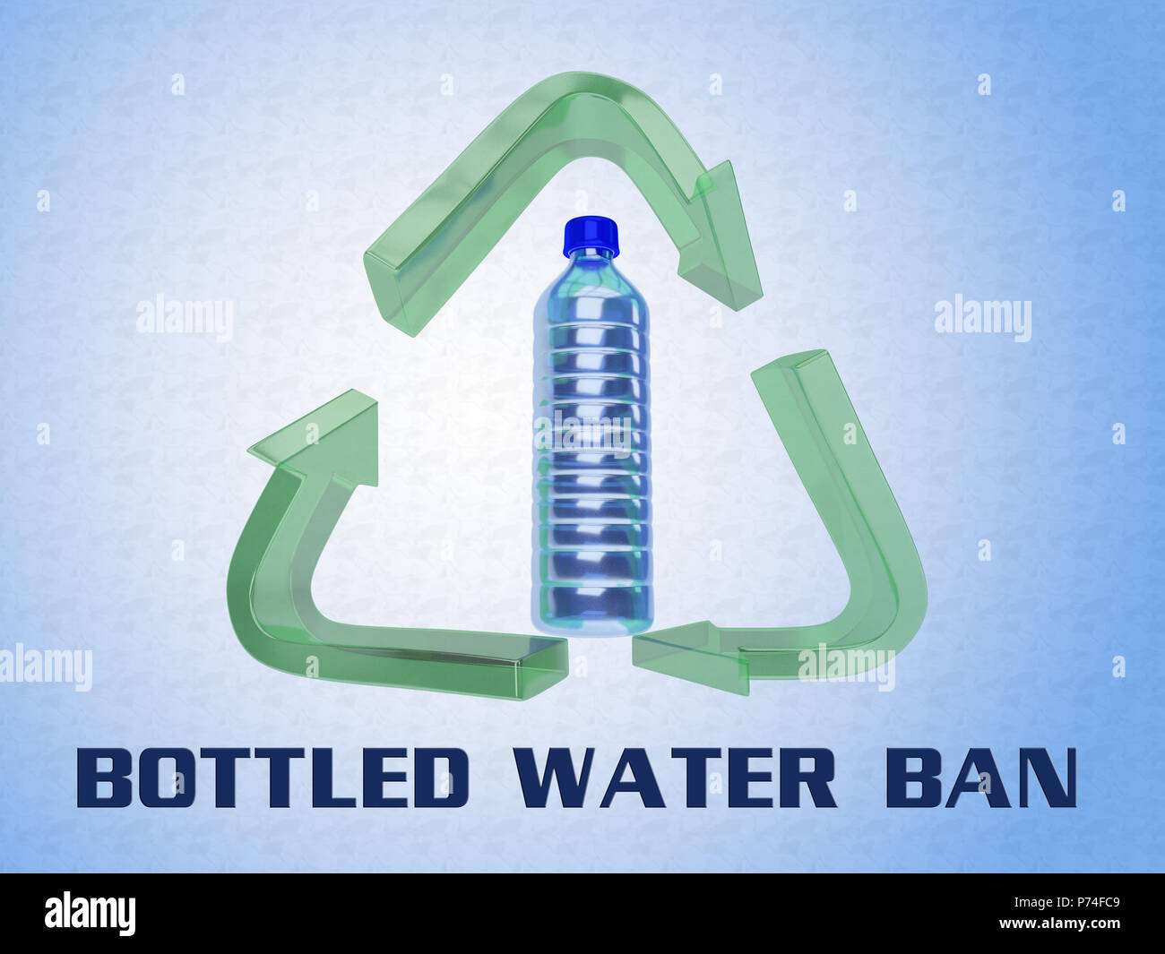 3D illustration of BOTTLED WATER BAN title with plastic bottle in a recycling symbol as a