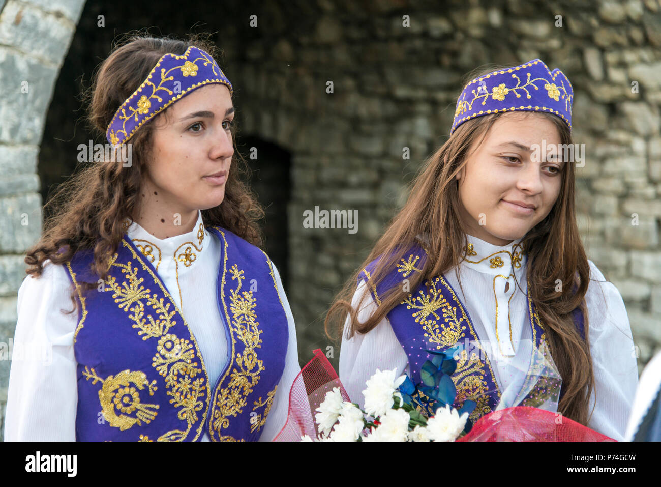 Berat, Albania- September 29, 2016: Kids in a traditional costume in a music festival in Berat castle, Albania Stock Photo