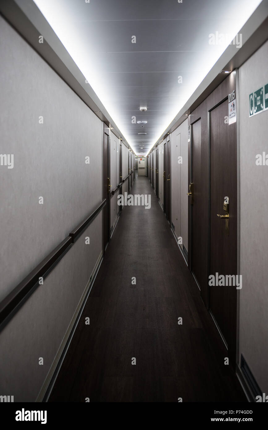 Narrow Corridor Of The Cabins Of A Ferry Crossing The Strait Of