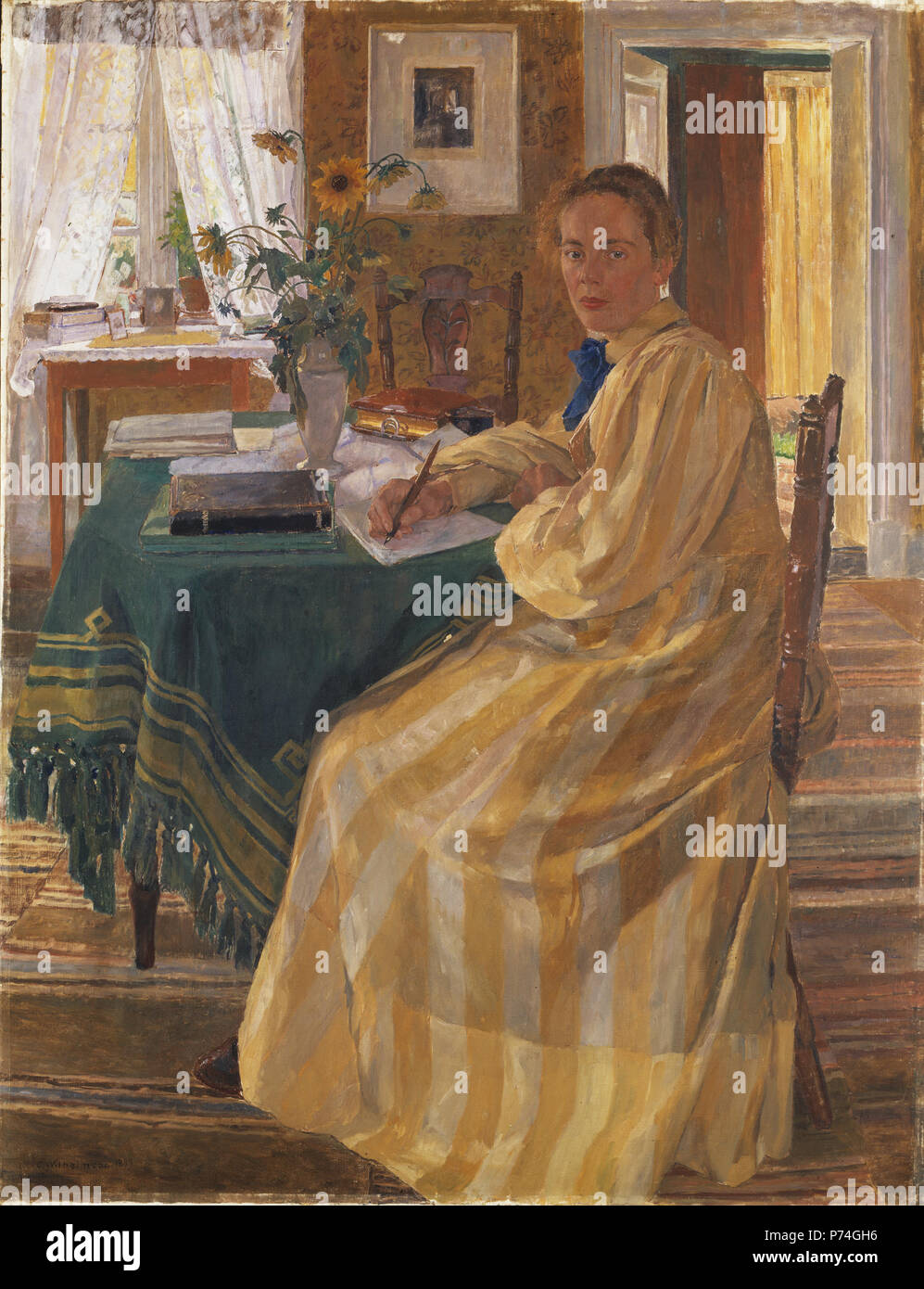 .  English: The Artist's Sister Svenska: Konstnärens syster .  English: Wilhelmson portrays his younger sister Anna wearing a yellow and white striped dress seated at a table writing – perhaps a letter. Briefly lifting her pen from the paper, she gazes at the viewer. The work was painted in their childhood home at Fiskebäckskil in Bohuslän. The sun shines brightly through the window’s lace curtains and the open door. The entire room is sunlit, which evokes the feeling of an idyllic summer. The yellow colour is echoed in the walls, textiles and flowers. Svenska: Wilhelmson har här avbildat sin  Stock Photo