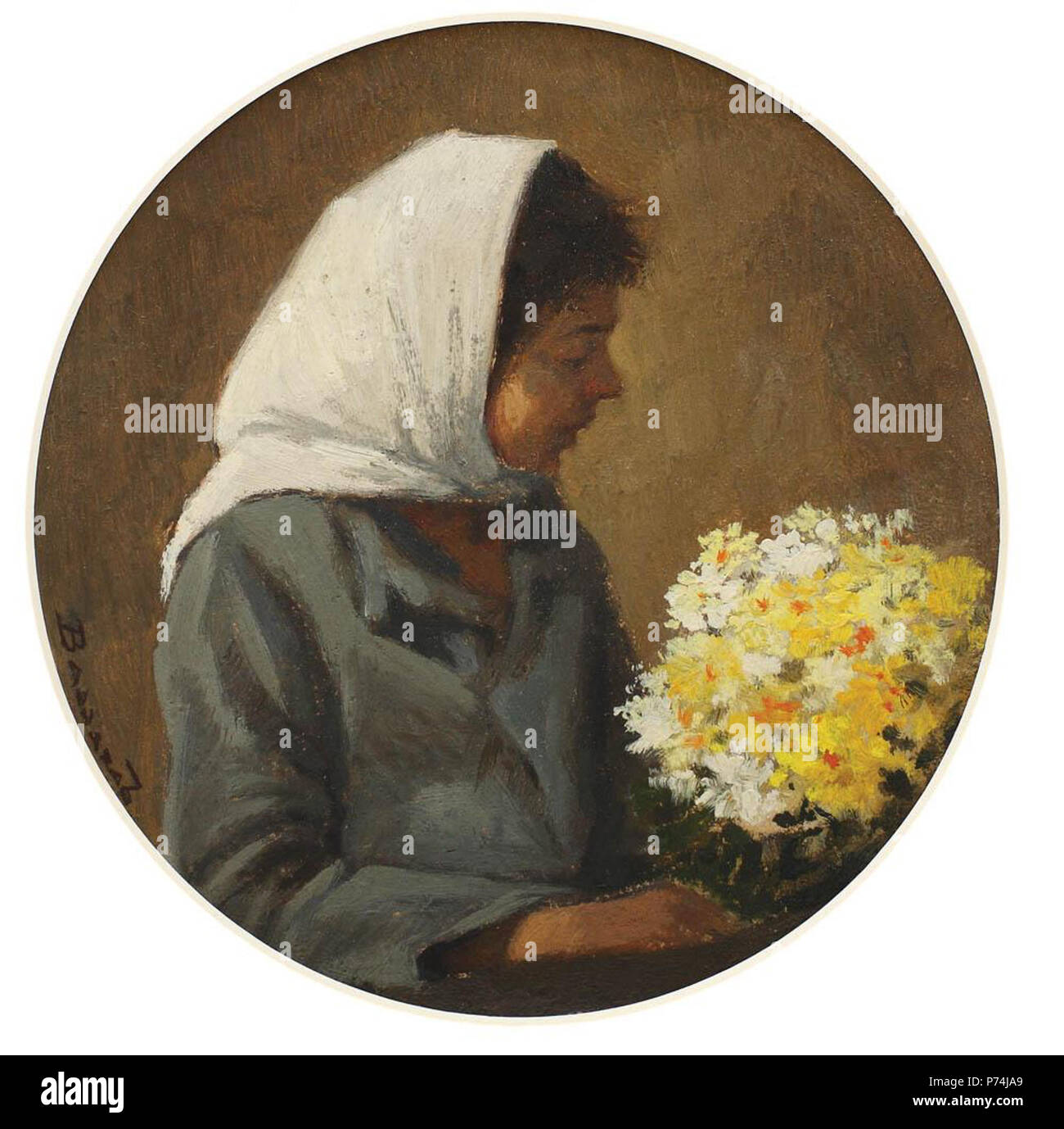Român: Ludovic Bassarab (1868-1933) - Florreasa, ulei pe carton, 16 cm, semnat lateral stânga, cu negru, Bassarab. Pe verso dedicaia:”La muli ani amicului Giurgea, 26 Oct. 1929”, Bassarab. . Unknown date 159 Ludovic Bassarab - Florareasa03 Stock Photo