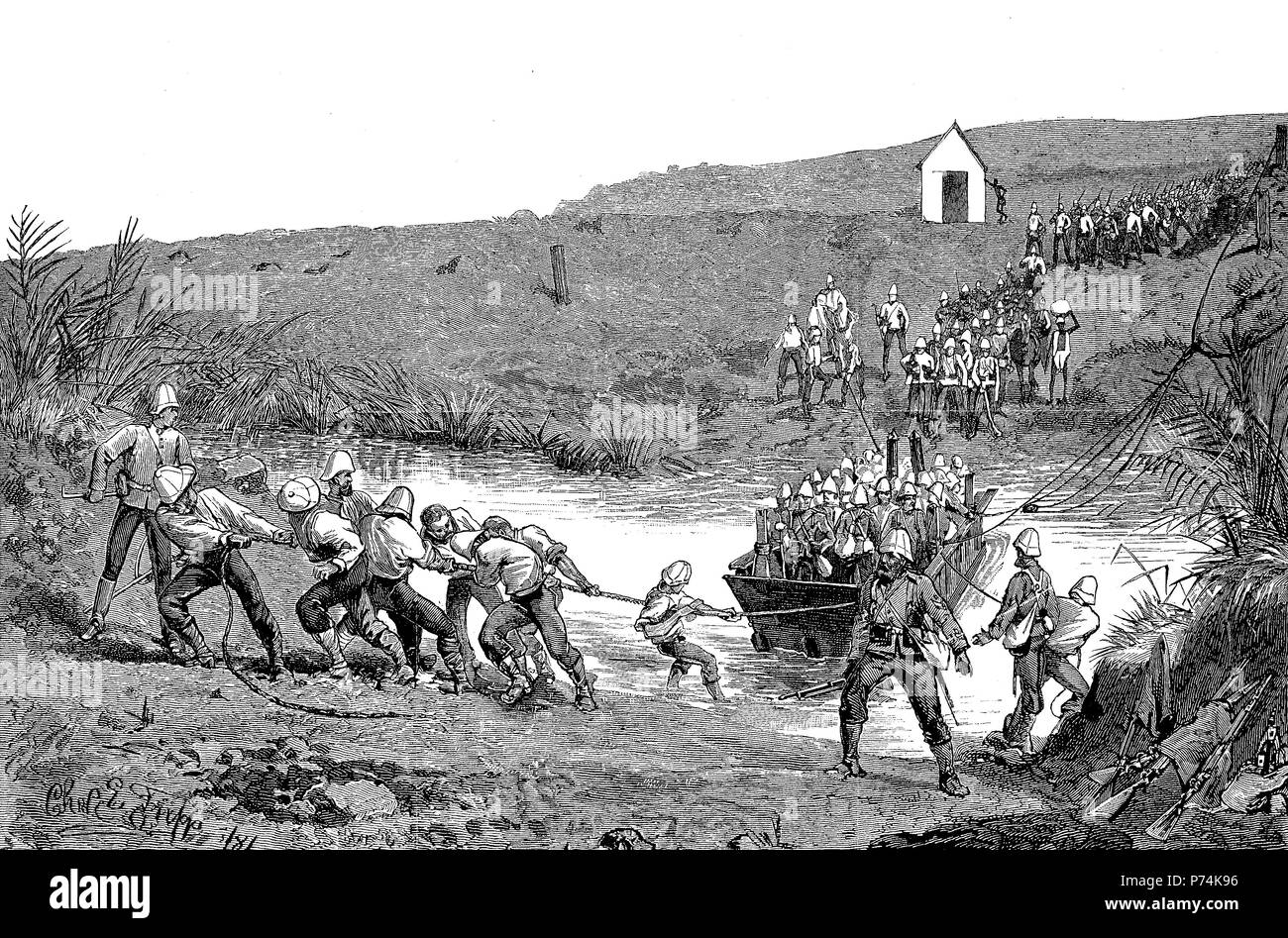 The rebellion in the Transvaal 1881, british troops crossing a river, First Boer War, also First Anglo-Boer War, the Transvaal War or the Transvaal Rebellion, 1880 - 1881 , digital improved reproduction from an original print from the year 1881 Stock Photo