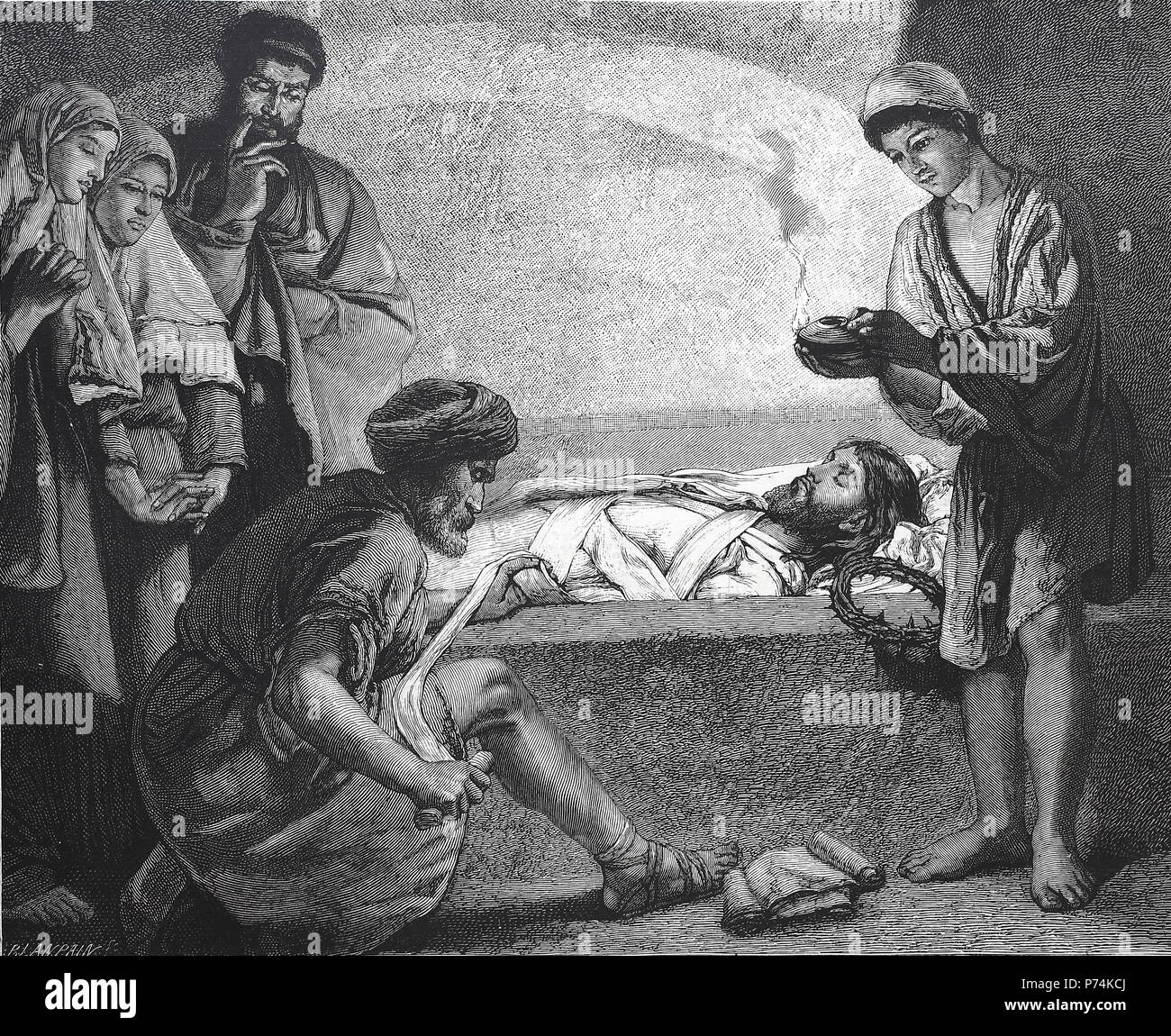 the entombment of Jesus Christ, digital improved reproduction from an original print from the year 1881 Stock Photo