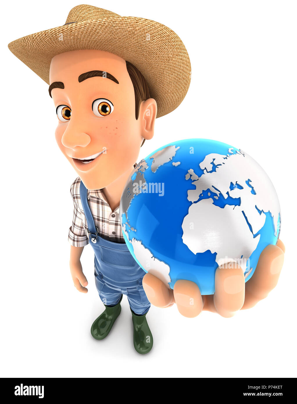 3d farmer holding blue earth, illustration with isolated white background Stock Photo