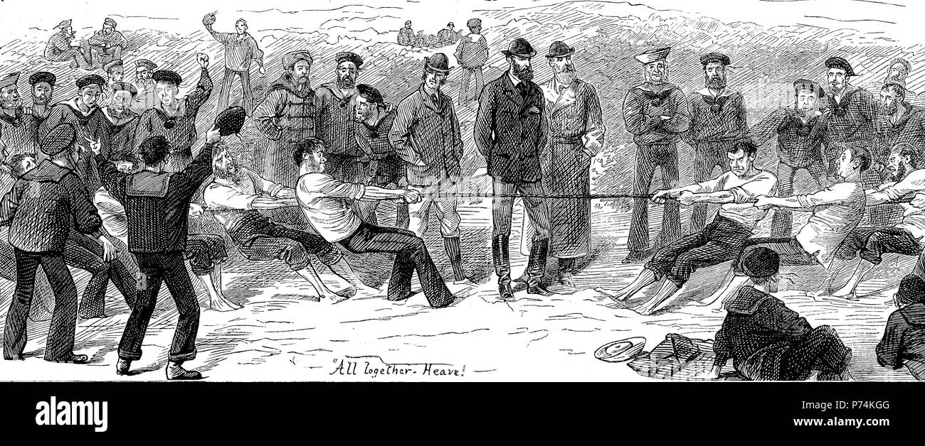 Celebrating men's new years day on the coast of Syria, rope pulling, digital improved reproduction from an original print from the year 1881 Stock Photo
