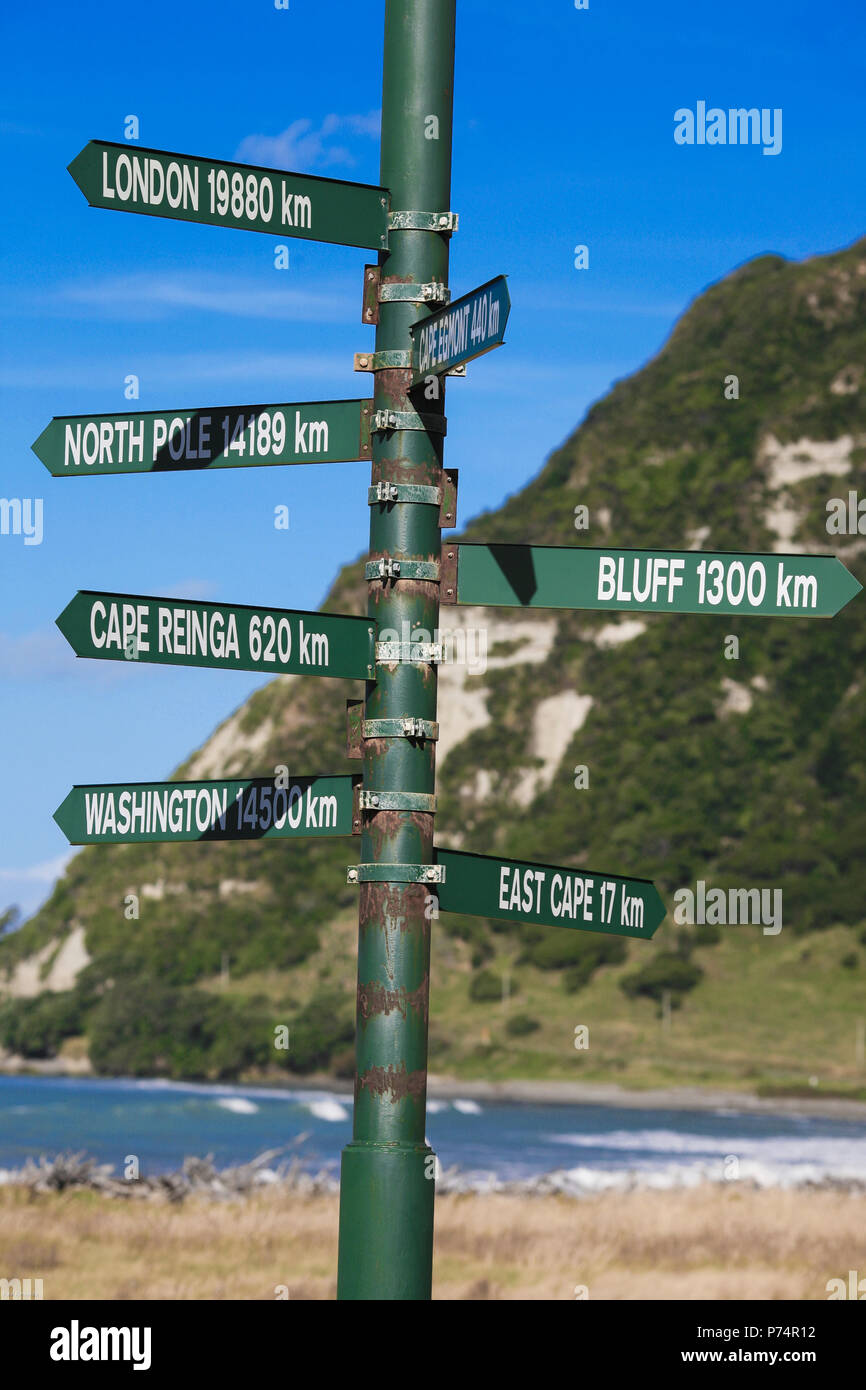 Signpost in Te Araroa, East Cape, New Zealand Stock Photo