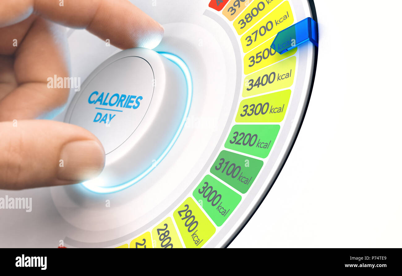 Man turning a calorie knob to increase daily intake level. High calories diet concept, Composite image between a hand photography and a 3D background. Stock Photo