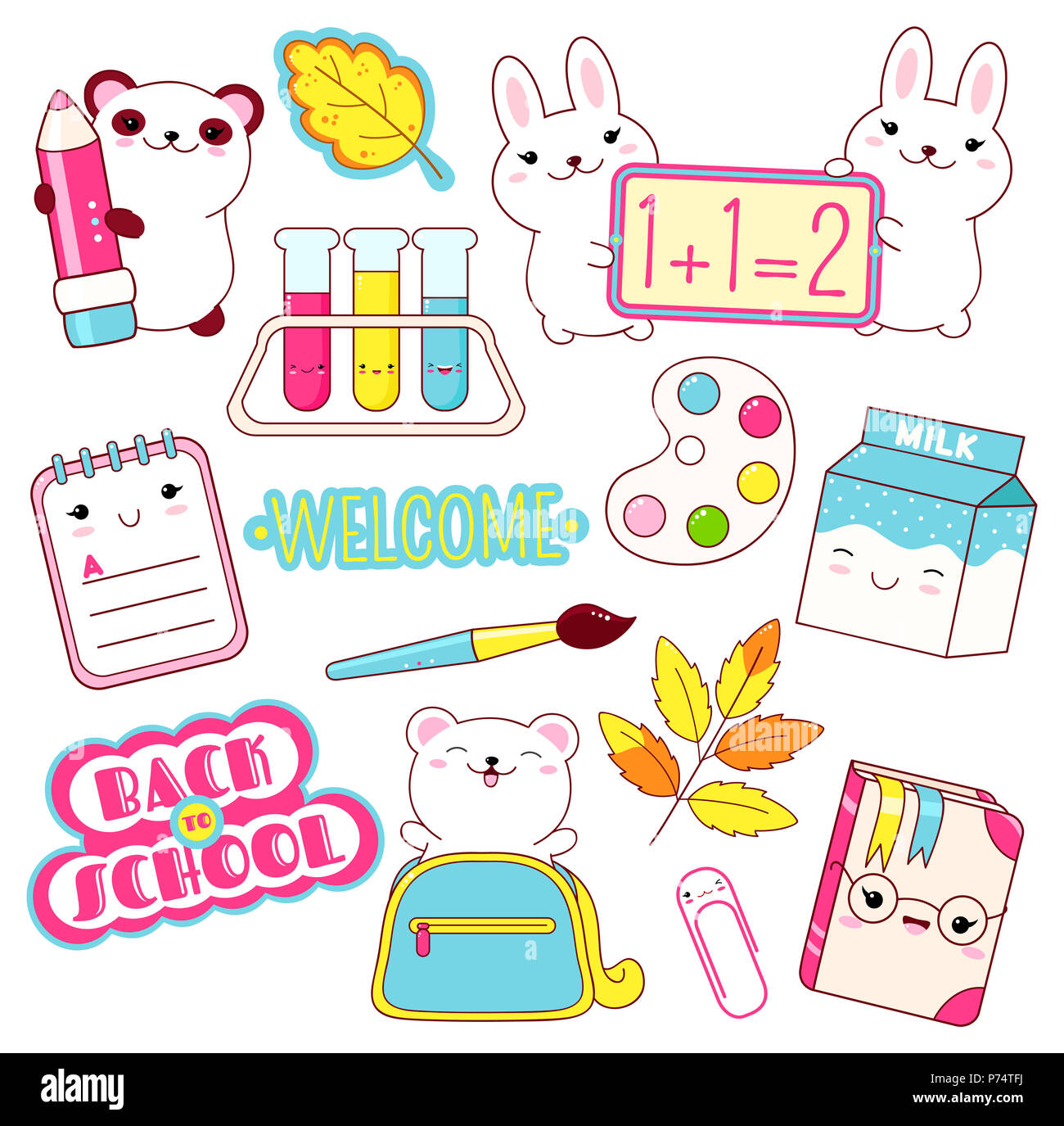 Back to school. Vector set of education icons in kawaii style. Polar bear in bag, panda with pencil, milk, book, diary, labels, chemistry flask, paint Stock Photo