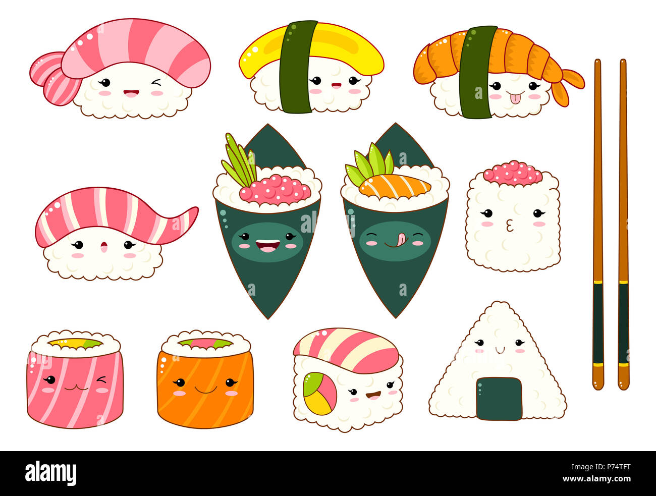 Set of cute sushi and rolls icons in kawaii style with smiling face and ...