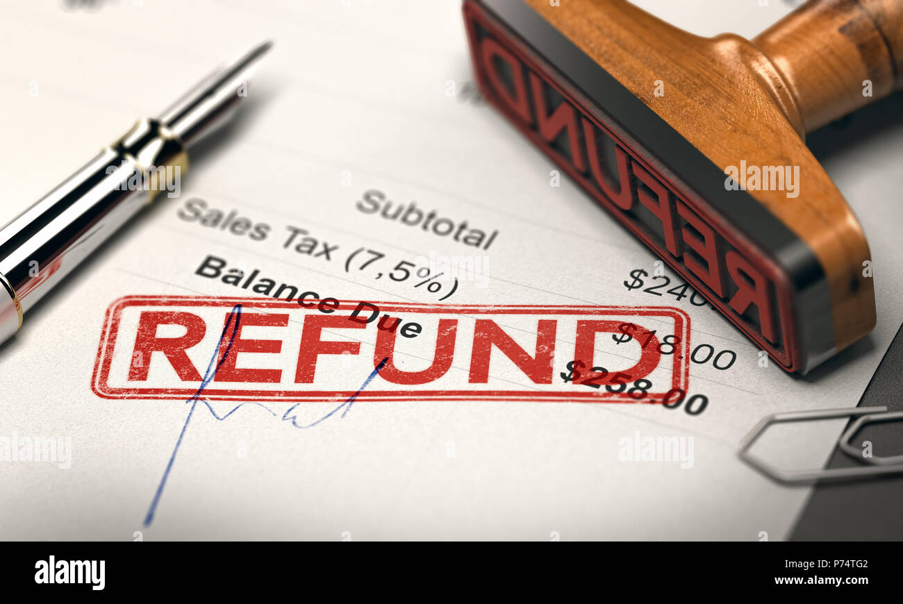 3D illustration of a rubber stamp with the word refund stamped on an invoice. Stock Photo
