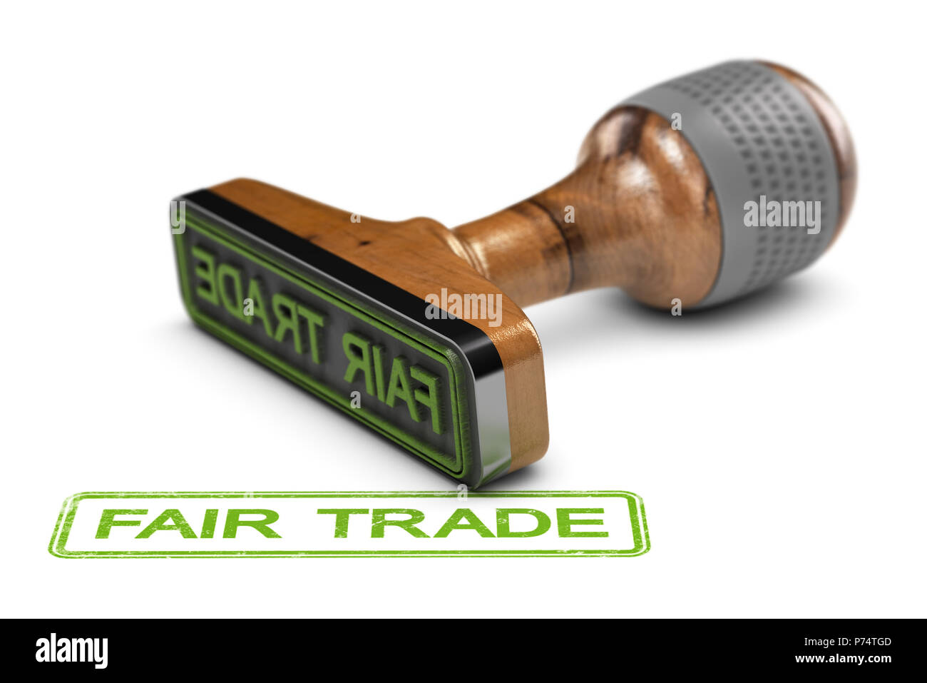 3D illustration of a rubber stamp with the word fair trade stamped over white background. Stock Photo