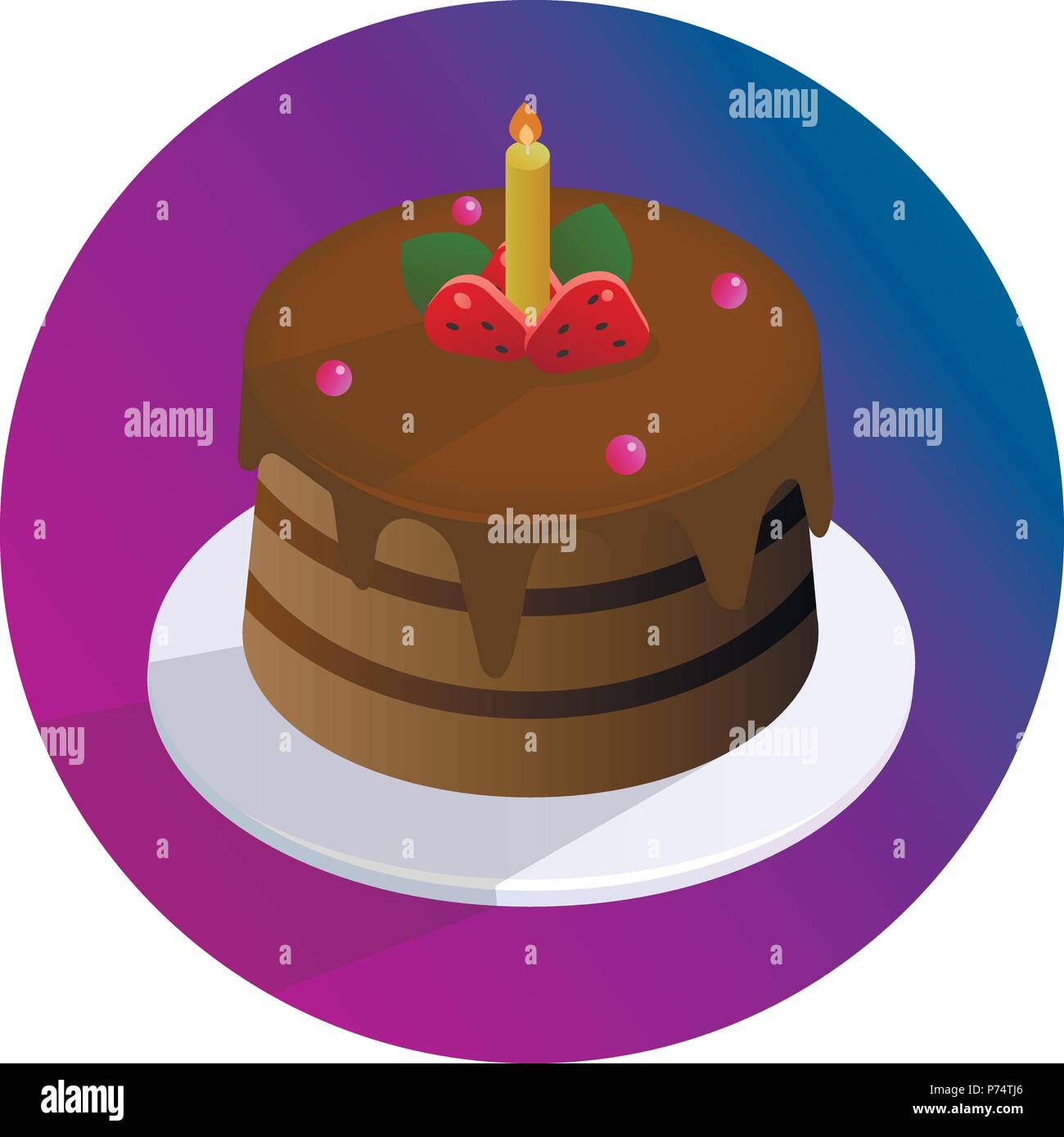 Vector chocolate birthday cake with strawberries and candle on a plate ...