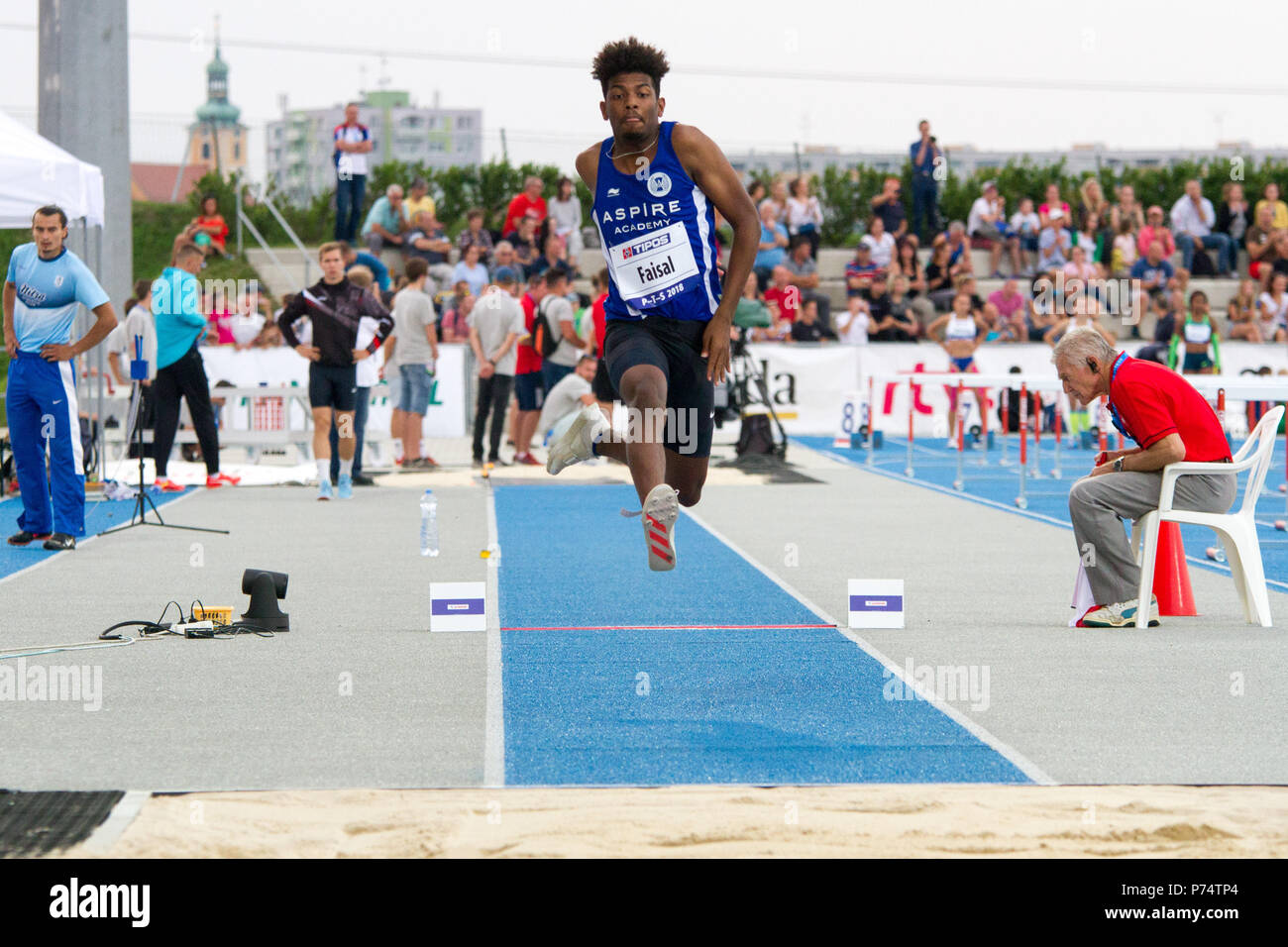 Sudanese triple jumper Ahmad Faisal competing at the P-T-S athletics meeting in the sports site of x-bionic sphere® in Samorín, Slovakia Stock Photo