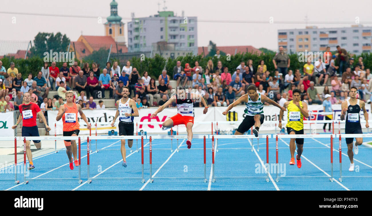 Men's 400 metre hurdles at the P-T-S athletics meeting in the sports site of x-bionic sphere® in Šamorín, Slovakia Stock Photo
