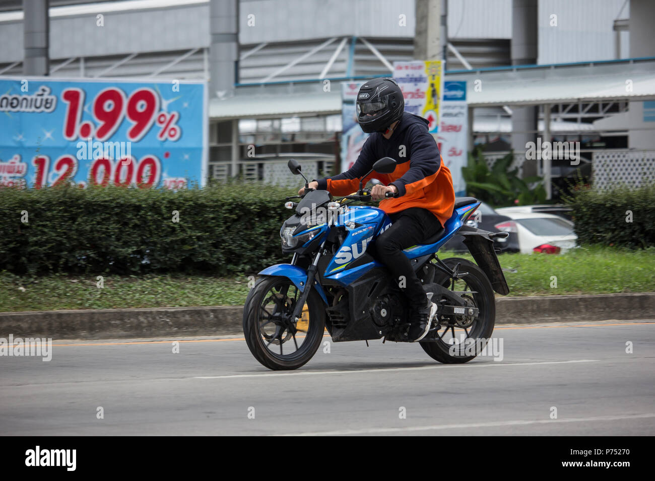 CHIANG MAI, THAILAND - JUNE 19 2018: Private Racing Suzuki GSX Motorcycle. Photo at road no.121 about 8 km from downtown Chiangmai, thailand. Stock Photo