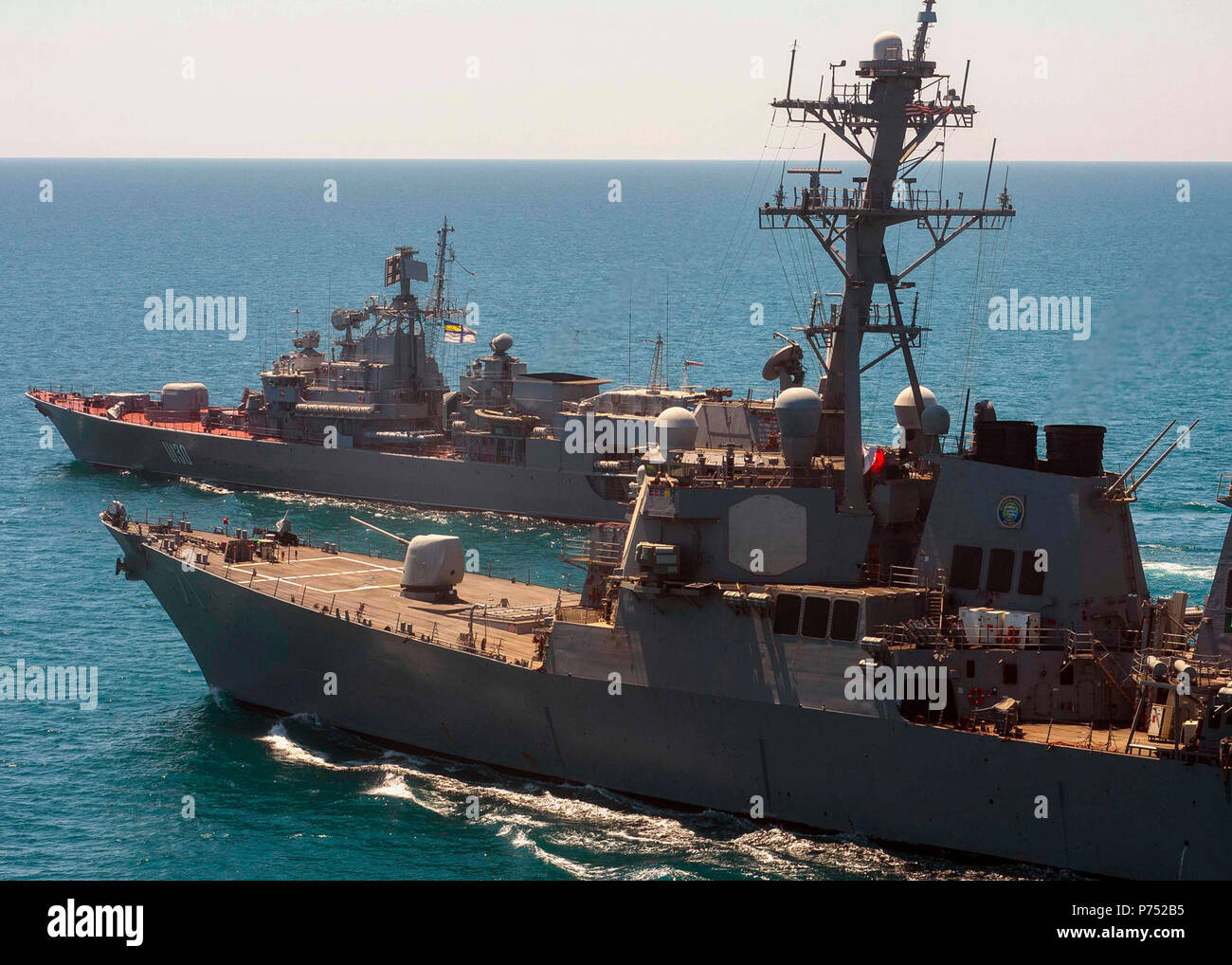 BLACK SEA (June 2, 2015) The guided-missile destroyer USS Ross (DDG 71), front, transits the Black Sea with the Ukranian navy frigate Hetman Sahaydachniy (U 130) during an underway exercise. Ross is conducting naval operations in the U.S. 6th Fleet area of operations in support of U.S. national security interests in Europe. Stock Photo