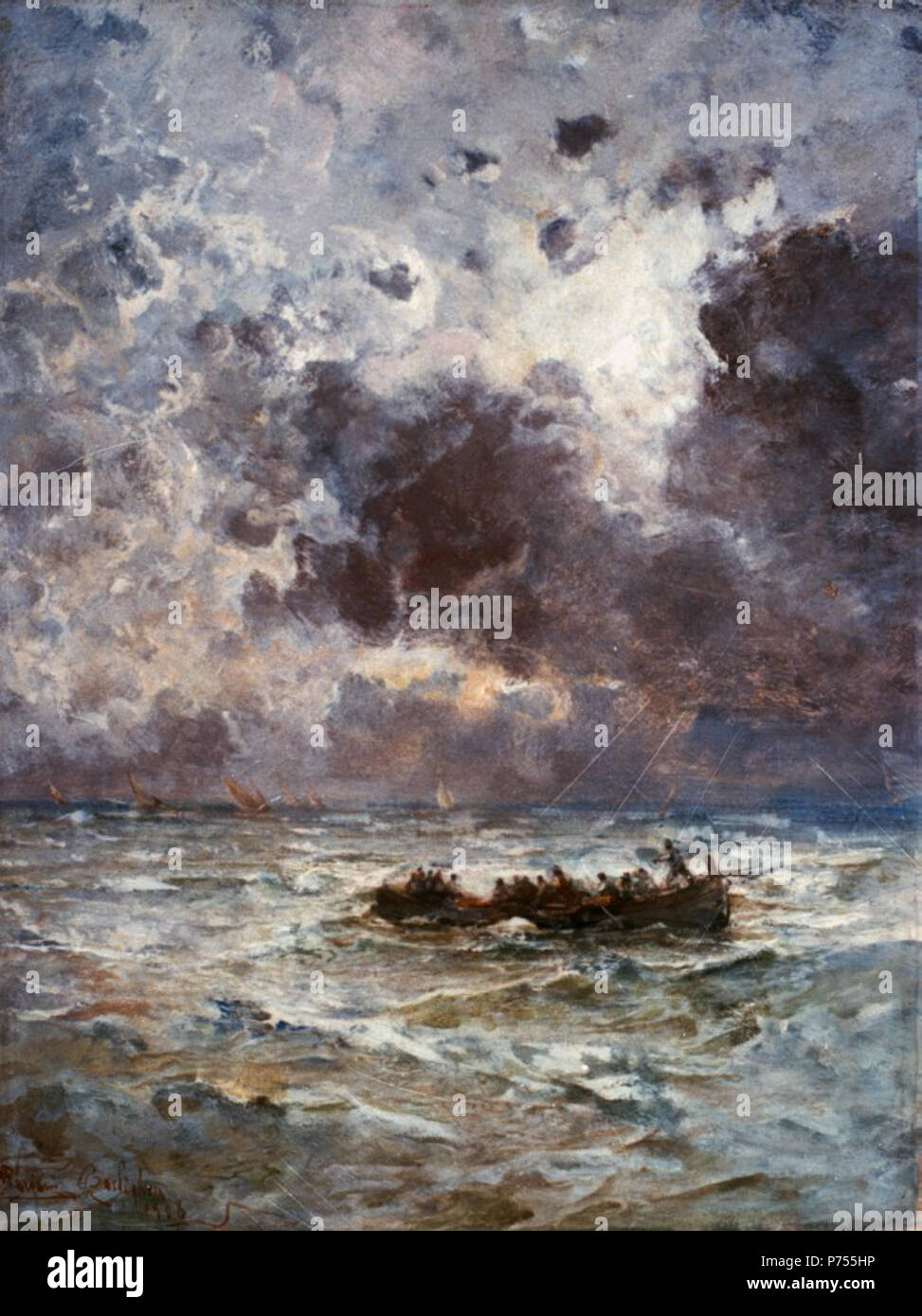 . Seascape at Bordighera .  This painting came into the Cariplo Collection from a private collection in 1992. The canvas is an example of the artist’s best-known work, namely the long series of seascapes that began in 1883 with evocative views of the harbour in Genoa. This subject proved a great success with the public and critics from the very outset at the exhibitions in Genoa, Florence and above all Milan, where Mariani won the prestigious Principe Umberto Prize in 1884 with The Farewell of the Dying Sun (private collection). In the exploration of new avenues that expanded the artist’s repe Stock Photo