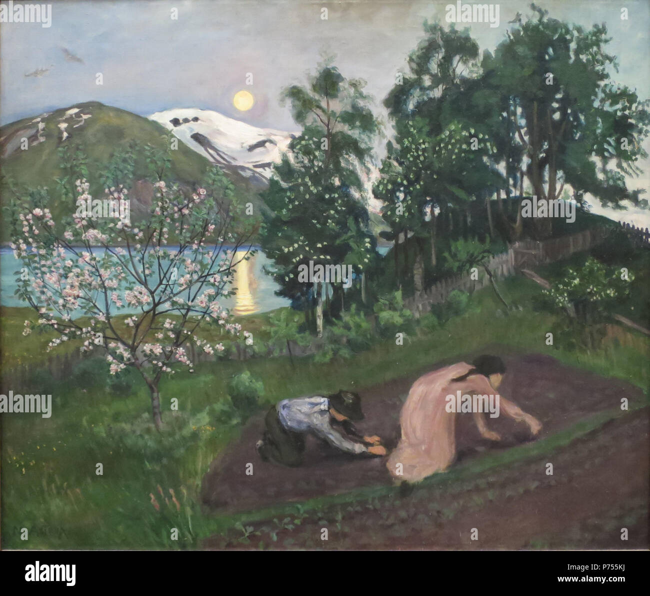 English: Night in Spring by Nikolai Astrup, 1909, oil on canvas, Bergen Kunstmuseum . 1909 12 'Night in Spring' by Nikolai Astrup, 1909, Bergen Kunstmuseum Stock Photo