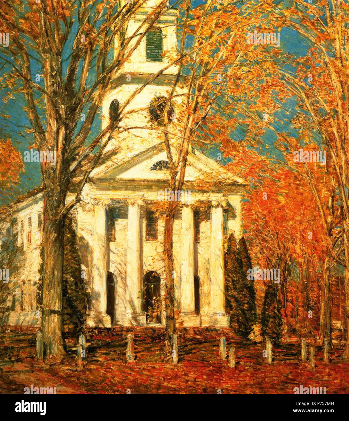 English: 'Church at Old Lyme,' oil on canvas, by the American painter Childe Hassam. Courtesy of the Albright-Knox Art Gallery. . 1905 27 Church at Old Lyme Childe Hassam Stock Photo