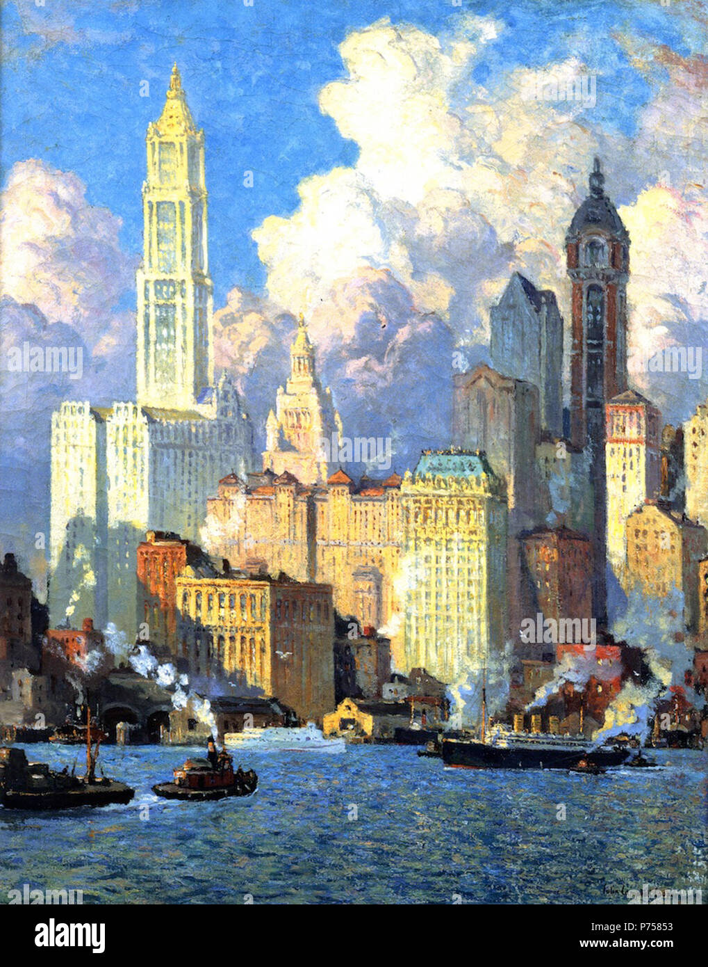 English: Hudson River Waterfront, N.Y.C., Colin Campbell Cooper, oil on canvas, 36 x 29 in, New York Historical Society. Included in the view are the Woolworth and Singer buildings, then the first and second tallest buildings in the world. . between 1913 and 1921 28 Colin Campbell Cooper, Hudson River Waterfront, N.Y.C Stock Photo