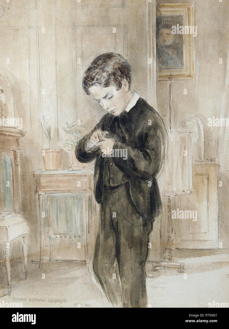 Eton schoolboy, signed and dated 'George Edwin Kilburne April 1866', watercolour and pencil, 31 x 23 cm . April 1866 126 George Goodwin Kilburne Eton schoolboy Stock Photo