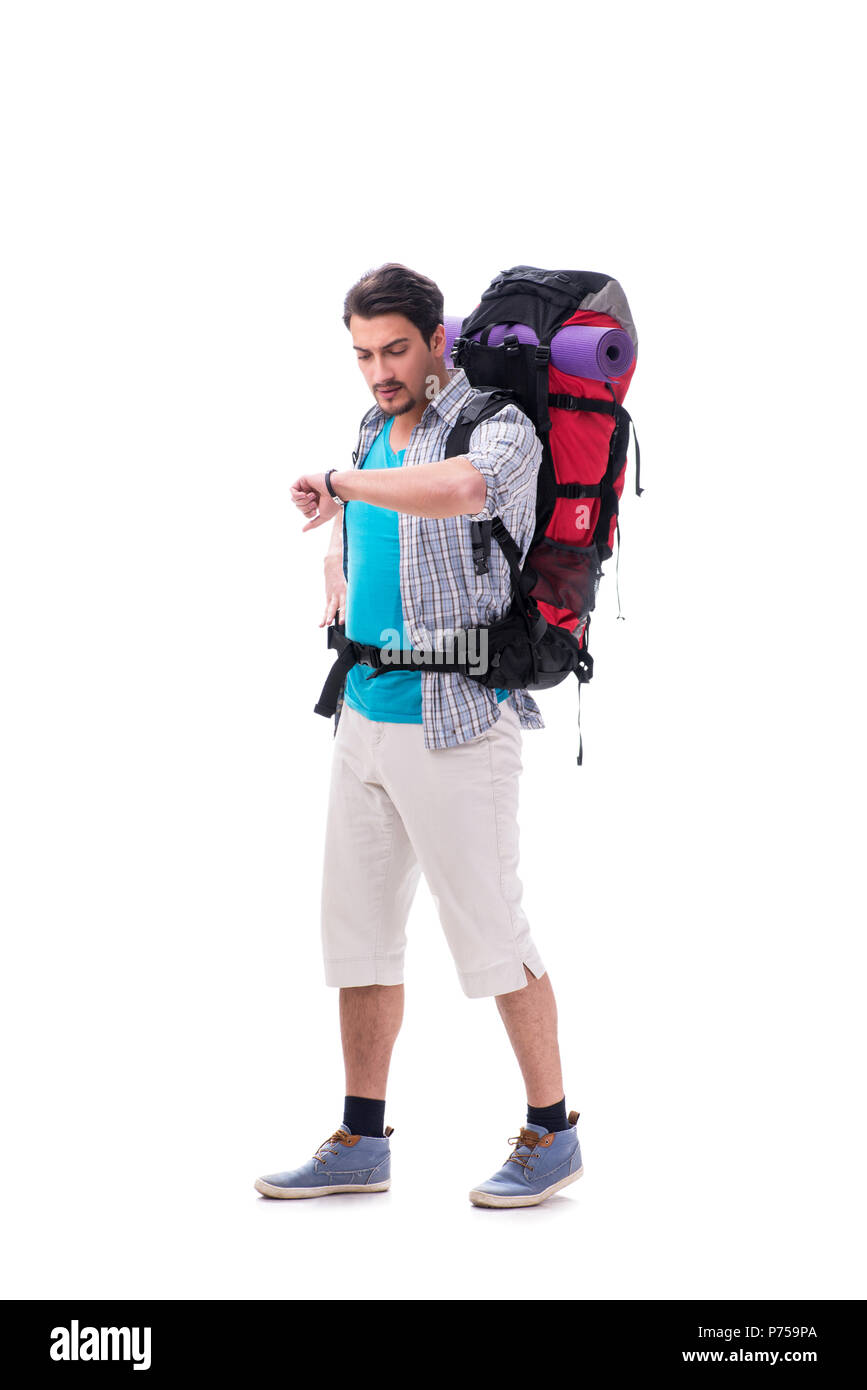 Backpacker with large backpack isolated on white Stock Photo - Alamy