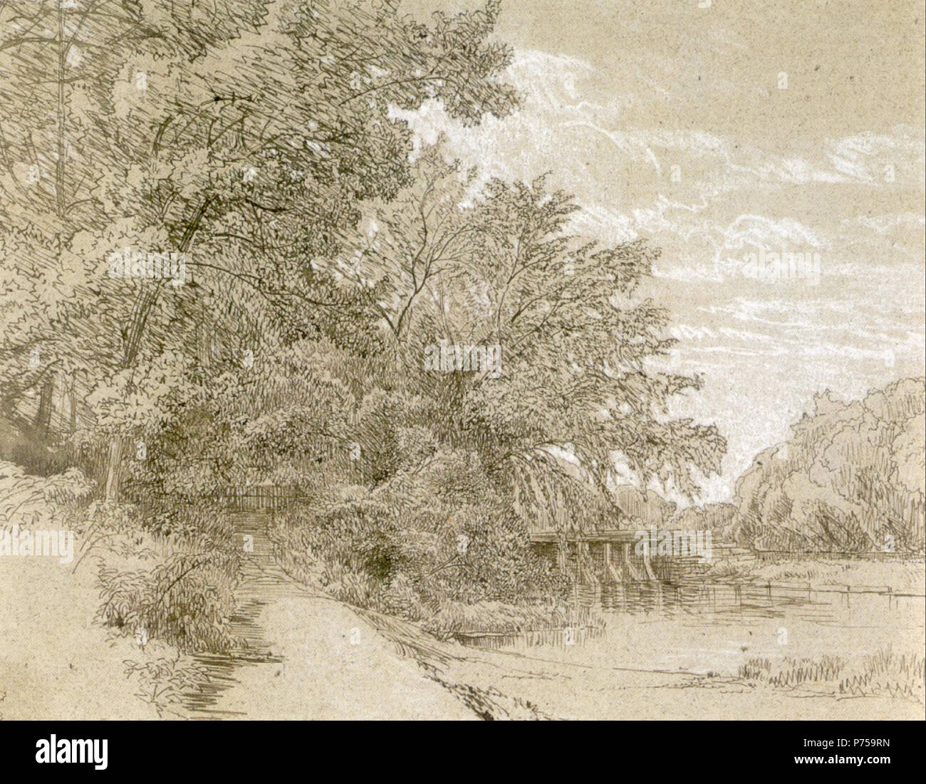 English Tariffville, Connecticut, Farmington River, ink with white