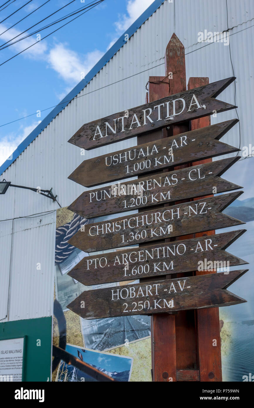 Antarctica signpost with distances to the nearest cities Punta Arenas, Christchurch, Hobart