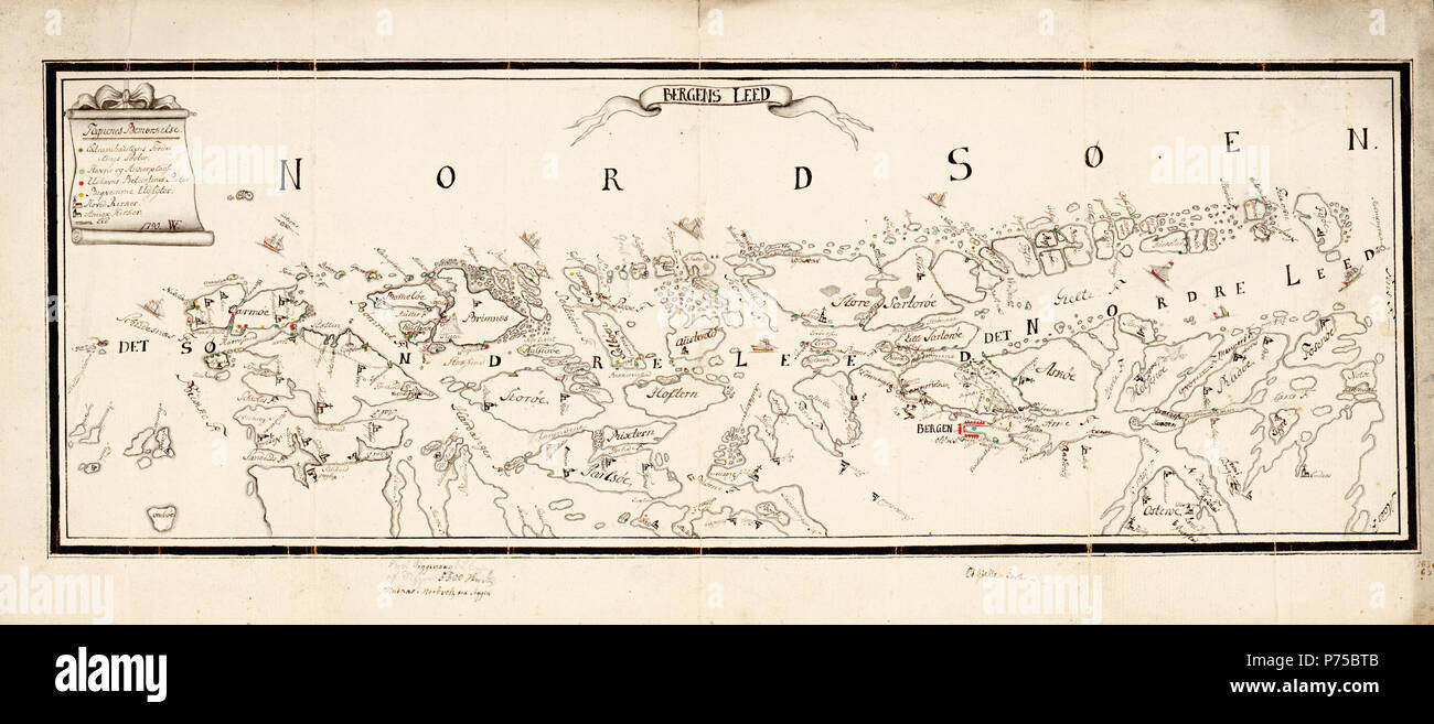 Håndtegnet kart over kyststrekningen fra Karmøy til Fedje ca 1790 cartographer WF Stock Photo