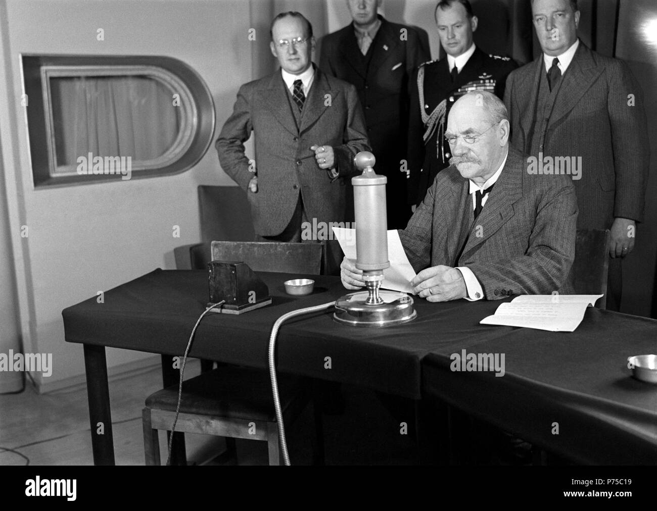 President Pehr Evind Svinhufvud in a radio studio giving a speech to honour Yleisradio's 10th anniversary, 1936. Stock Photo