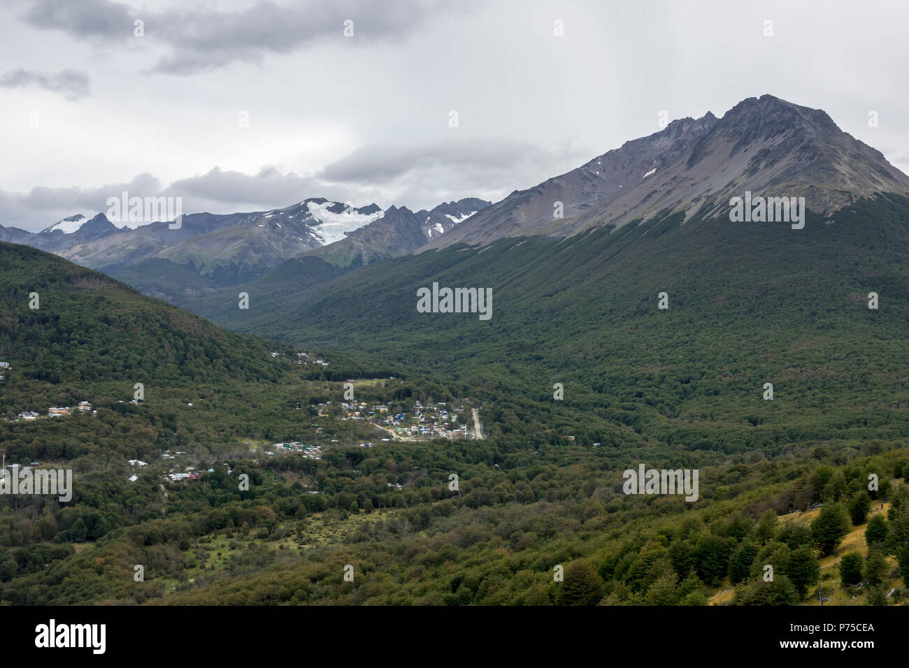 View over the valley and moutain range from Hotel Arakur, Ushuaia, Argentina Stock Photo