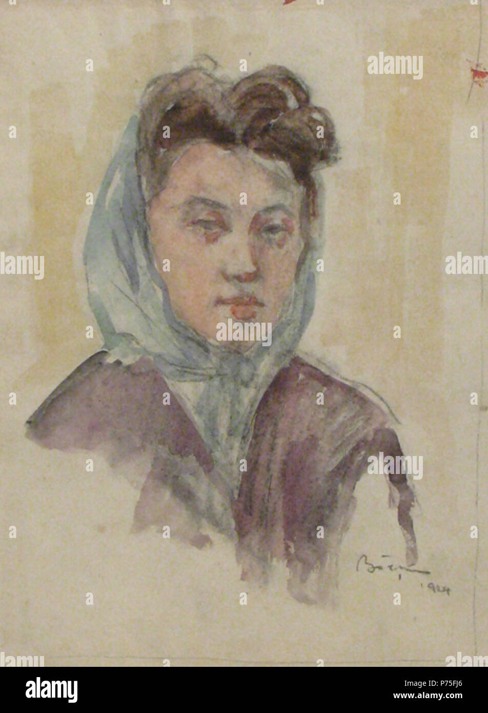 Lemon Typewriter Consulate Român: Aurel Beu - Portret de femeie, semnat dreapta jos in creion,  acuarela si creion, datat 1924, 34x25cm. 1924 13 Aurel Baesu - Portret de  femeie02 Stock Photo - Alamy