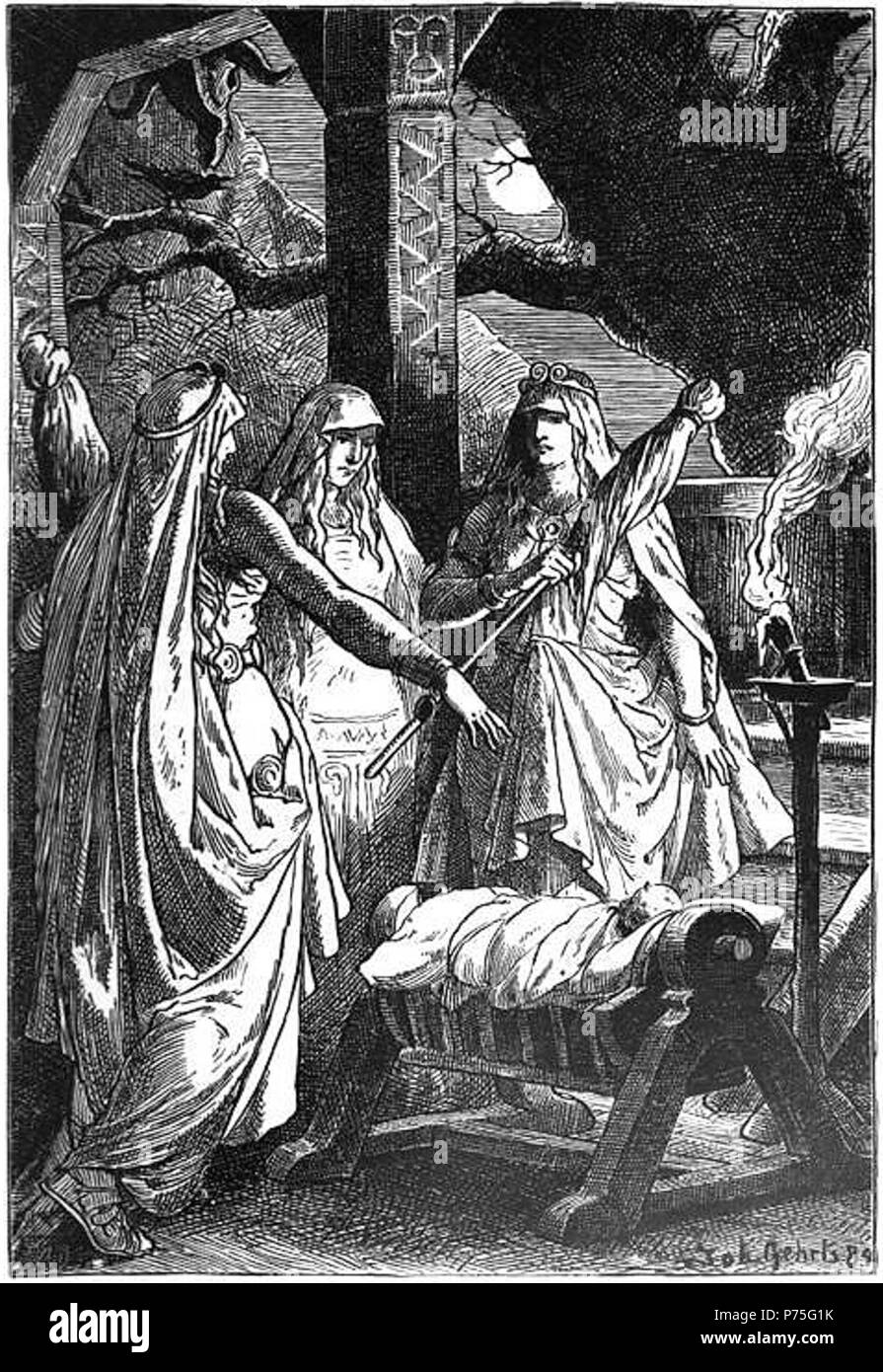 English: 'Die Nornen' (1889) by Johannes Gehrts. The three norns surround a child. 1889 judging by inscription on work, published in 1901. 16 Die Nornen (1889) by Johannes Gehrts Stock Photo
