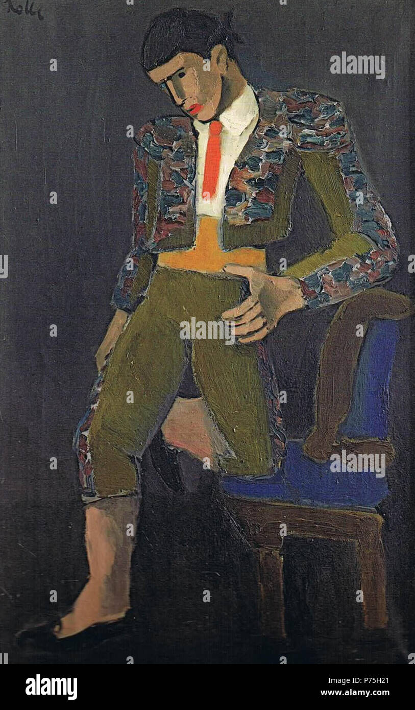 . Torero, mit einem Knie sich auf einen Stuhl stützend  circa 1927 139 Helmut Kolle - Torero leaning on a Chair Stock Photo