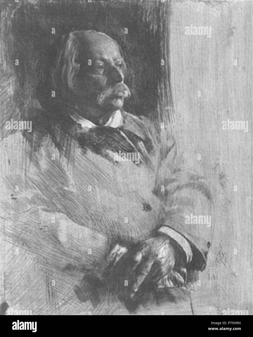 English: Engraved portrait of composer Károly Goldmark (1830—1915) . 1902 210 Schmutzer-Goldmark Stock Photo
