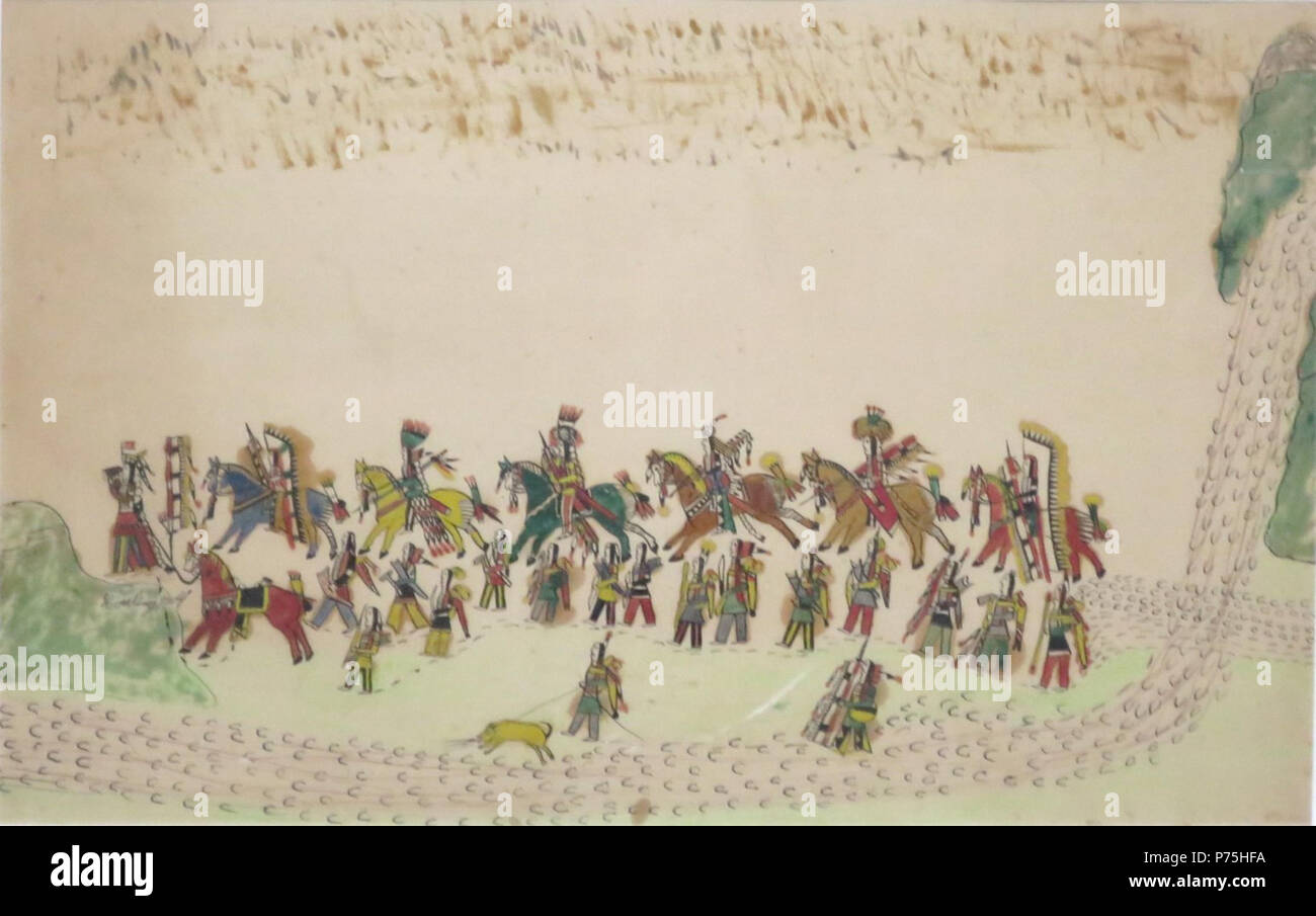 English A Procession Of Southern Cheyenne Warriors By Howling Wolf Cheyenne Ho Na Nist To 1849 1927 Ink Crayon Watercolor And Oil Based Pigment On Paper Mid To Late 1870s Honolulu Museum Of Art Accession