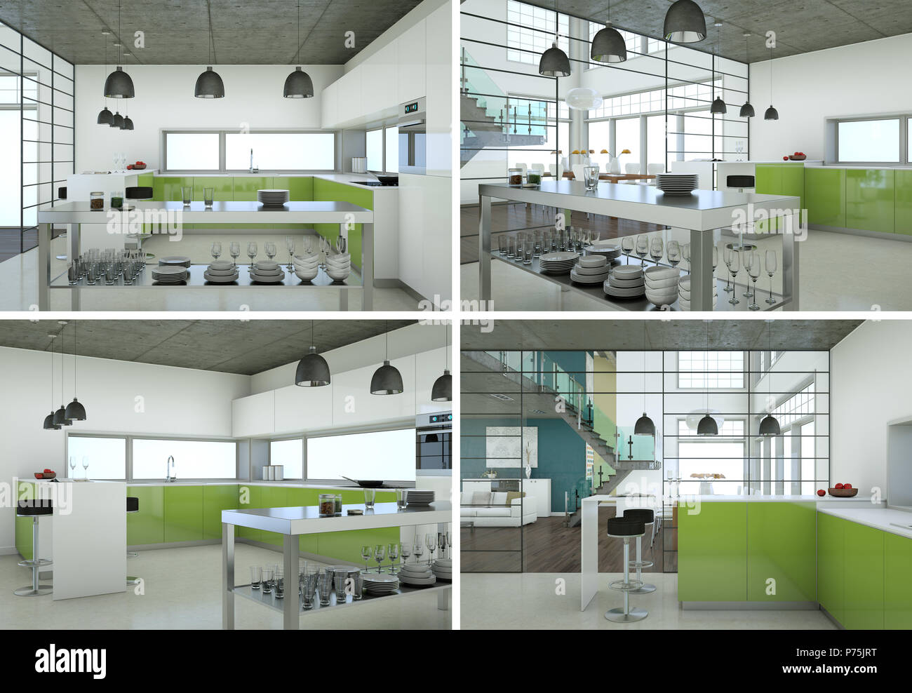 Four views of modern interior loft design Stock Photo - Alamy