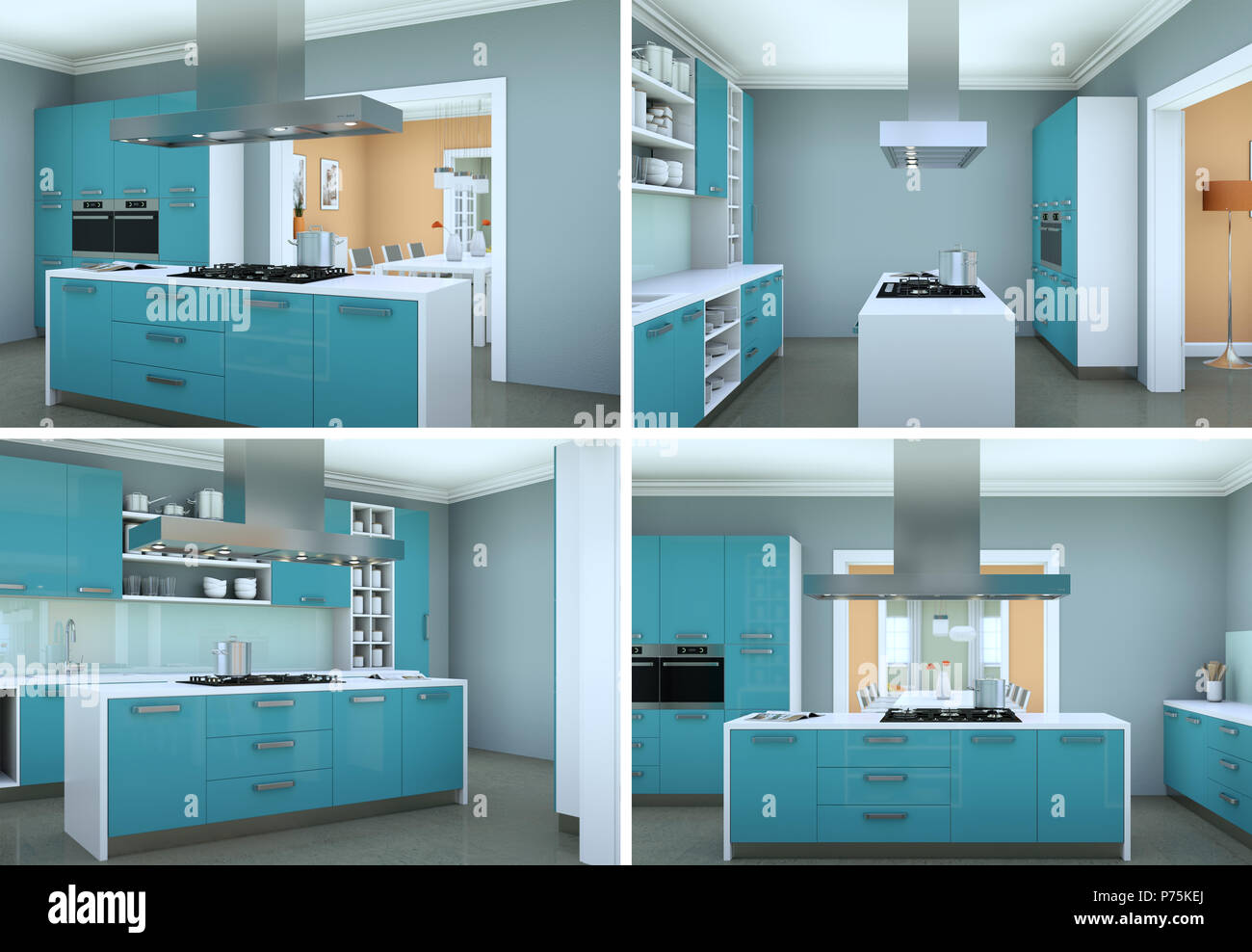 four views of modern kitchen with a beautiful design Stock Photo - Alamy