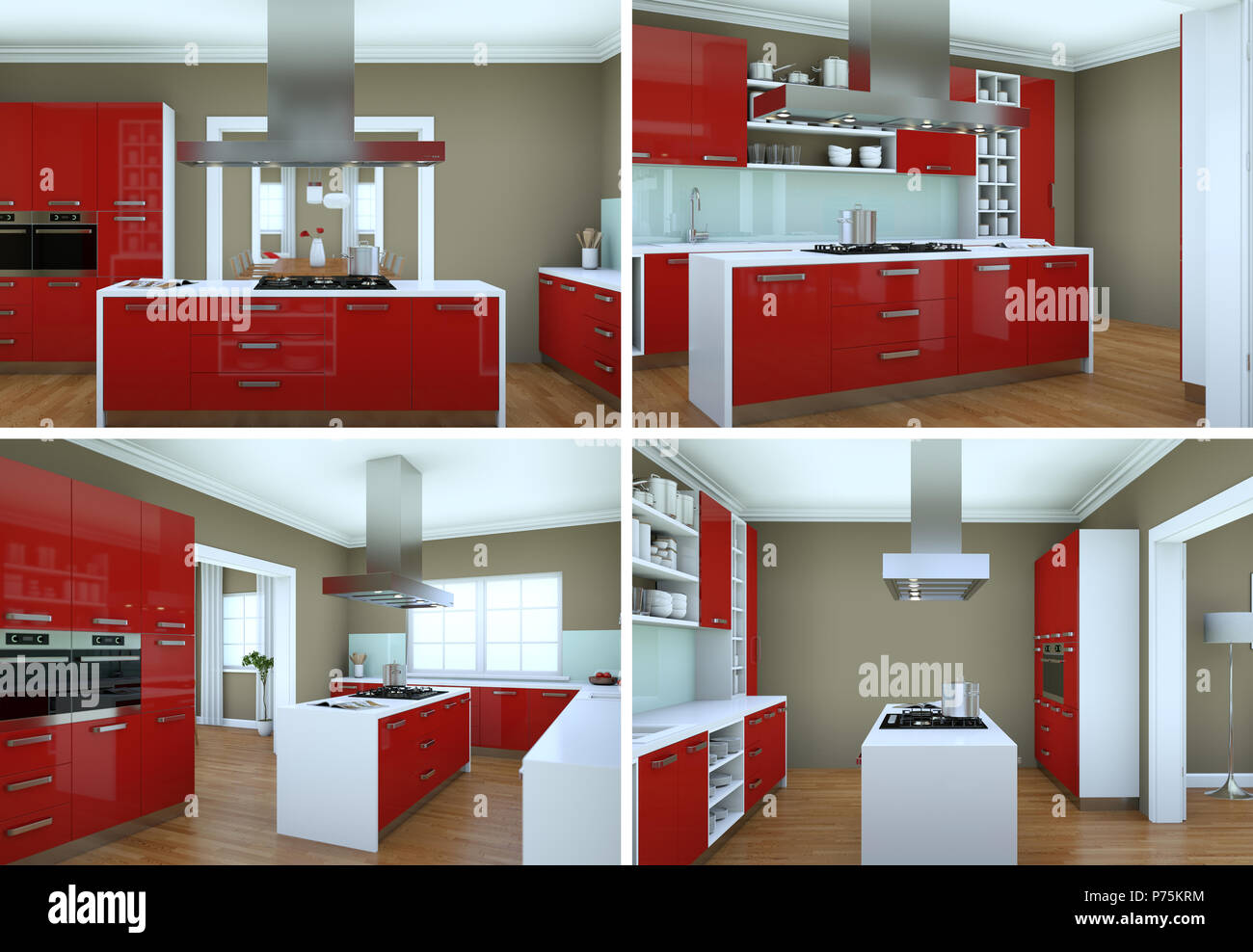 four views of modern kitchen with a beautiful design Stock Photo - Alamy