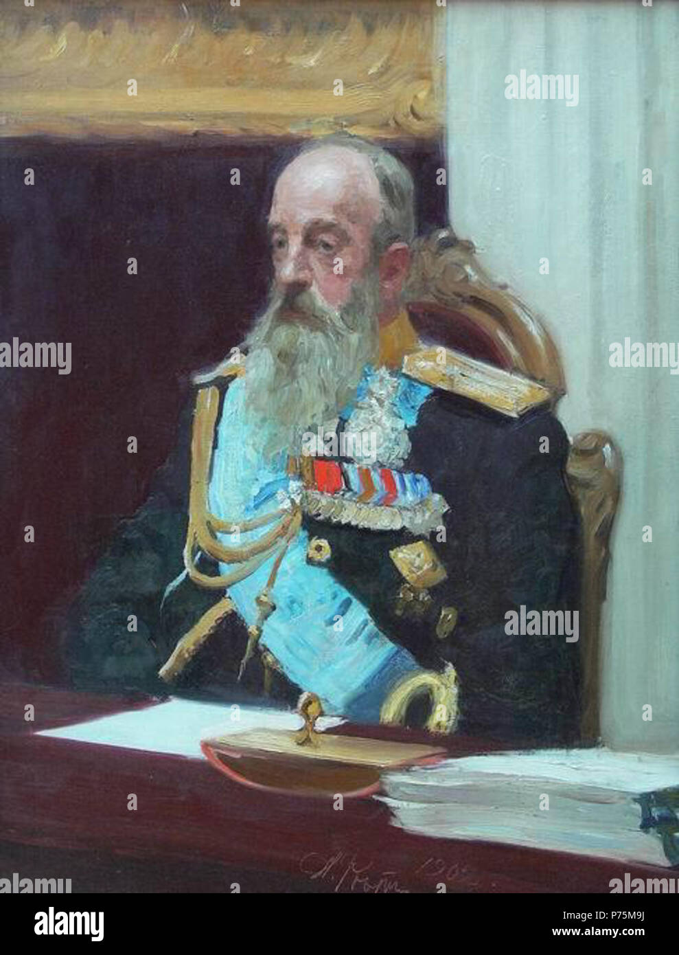 English: Portrait of the Chairman of the State Council Grand Prince Mikhail Nikolayevich Romanov. Study for the picture Formal Session of the State Council. Oil on canvas. 105  84.5 cm. The State Russian Museum, St. Petersburg. Español: Retrato del presidente del Consejo de Estado, Gran Príncipe Mijaíl Nikoláievich Romanov. Estudio para el cuadro Sesión solemne del Consejo de Estado. Óleo sobre lienzo. 105  84,5 cm. Museo estatal ruso, San Petersburgo. :         .       . , . 105  84,5 .   , -. 1902 165 Mikhail Nikolayevich by Repin Stock Photo