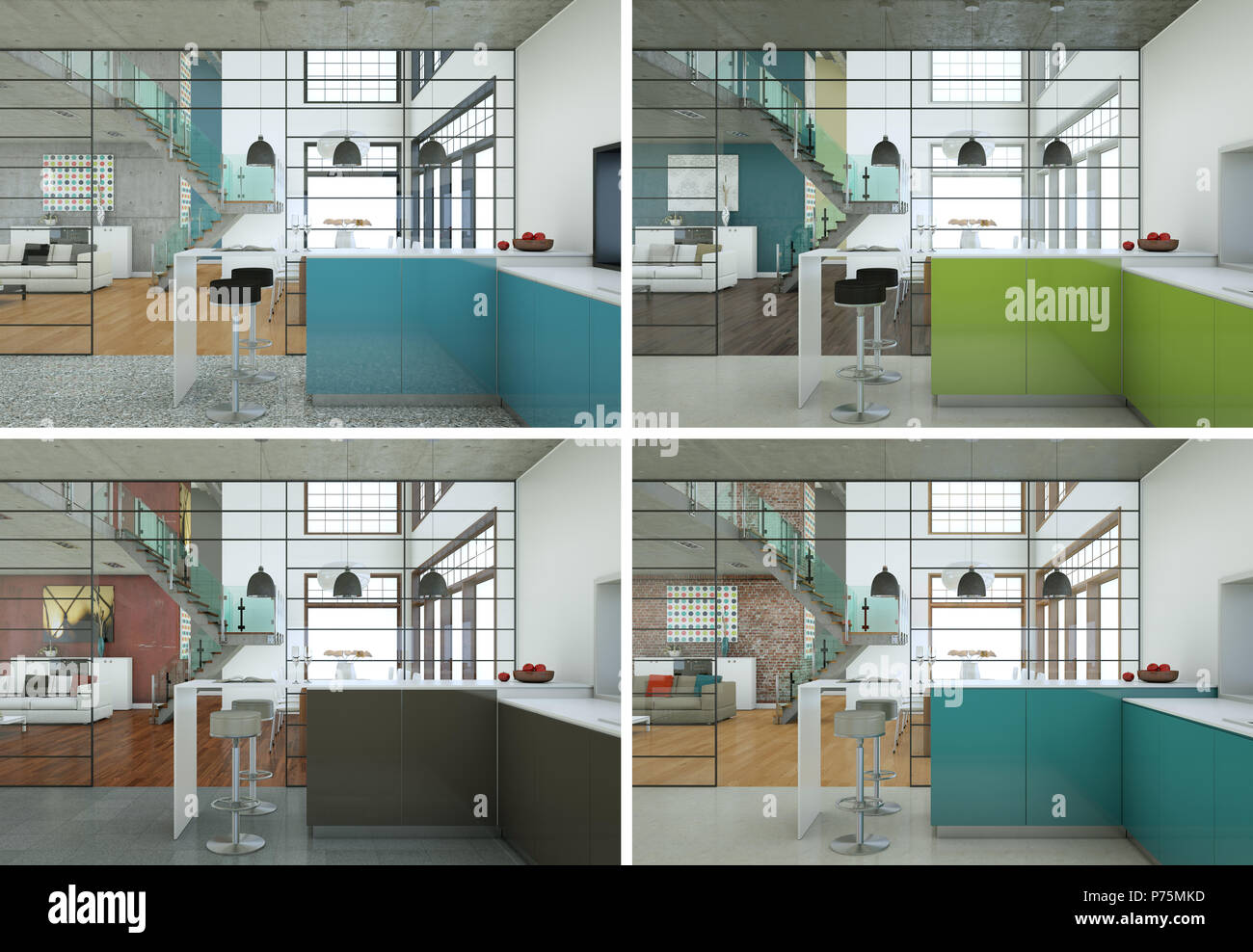 four views of modern kitchen with a beautiful design Stock Photo - Alamy