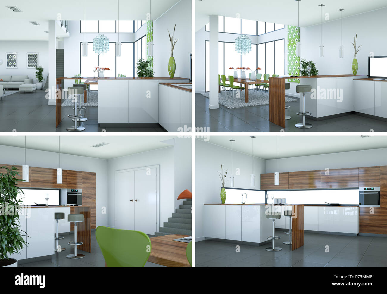 four views of modern kitchen with a beautiful design Stock Photo - Alamy
