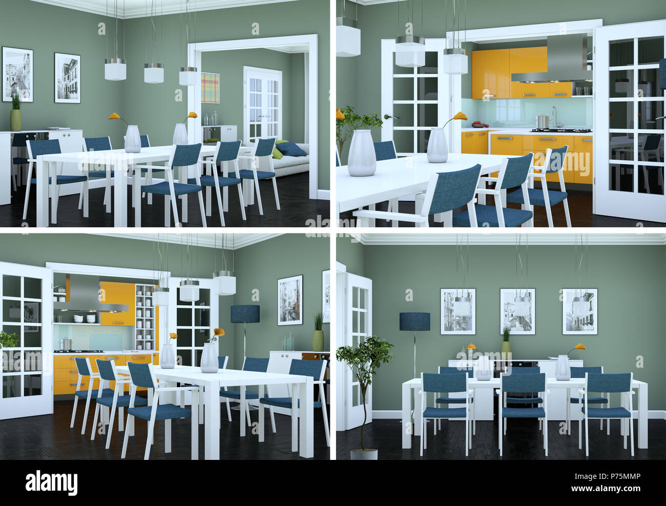 Four views of dining room interior design in modern appartment Stock ...