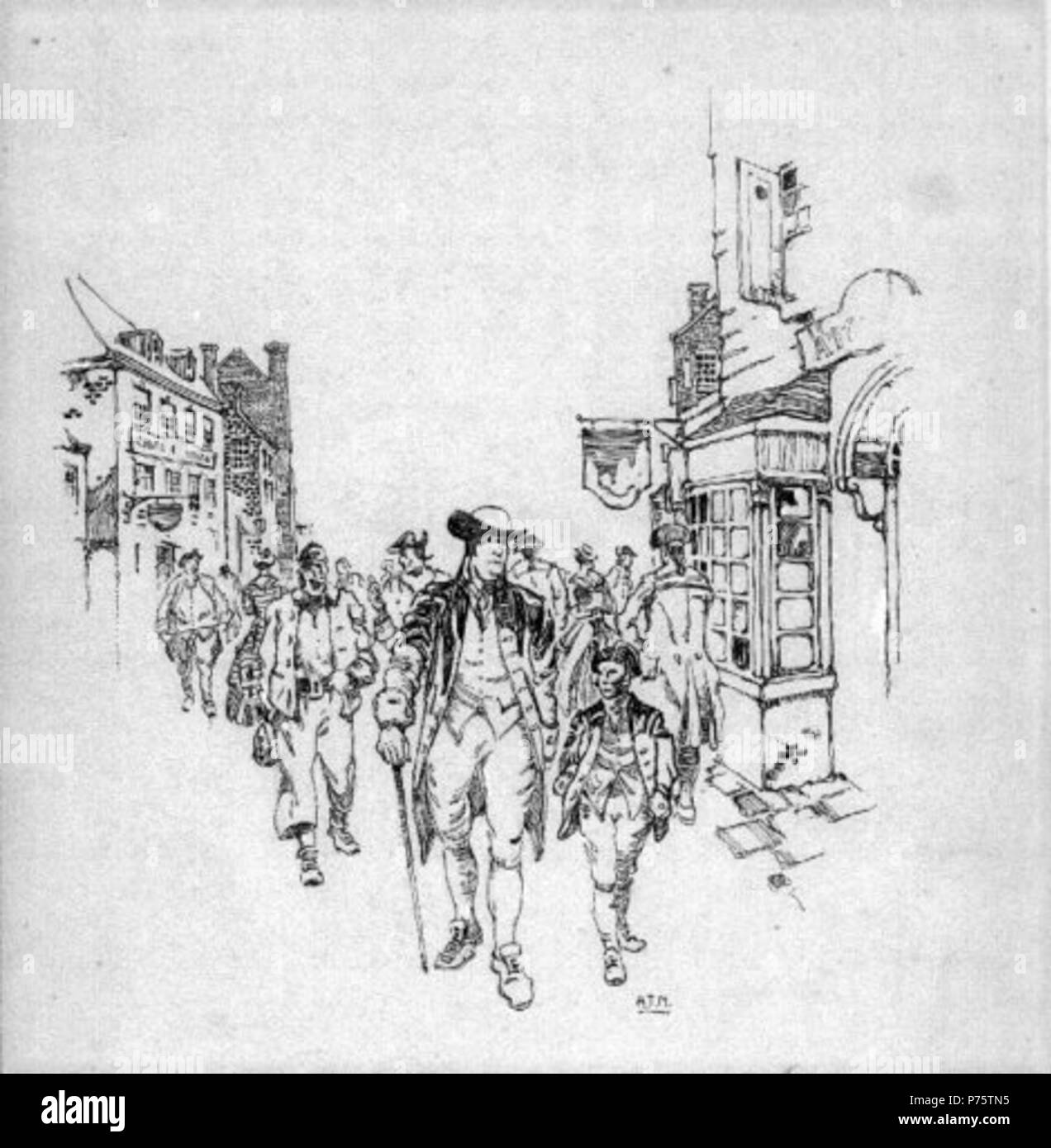 English: It was not an unfamiliar sight to see Benjamin Franklin walking the streets of Philadelphia with the boy Franklin Wharton, who, when he grew up, became the second Commandant of the Marine Corps, ink drawing by Arman Manookian, Honolulu Academy of Arts . 1920s 144 It was not an unfamiliar sight to see Benjamin Franklin walking the streets of Philadelphia with the boy Franklin Wharton, who, when he grew up, became the second Commandant of the Marine Corps Stock Photo
