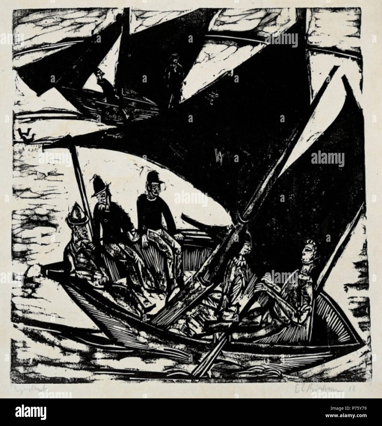 Sailboats at Fehmarn. Woodcut with black wash additions, state aii/iii. Block: 16 1/2 x 15 7/8 in. (41.9 x 40.4 cm); sheet: 21 3/4 x 17 3/8 in. (55.2 x 44.1 cm). 1914 10 Ernst Ludwig Kirchner - Sailboats at Fehmarn Stock Photo