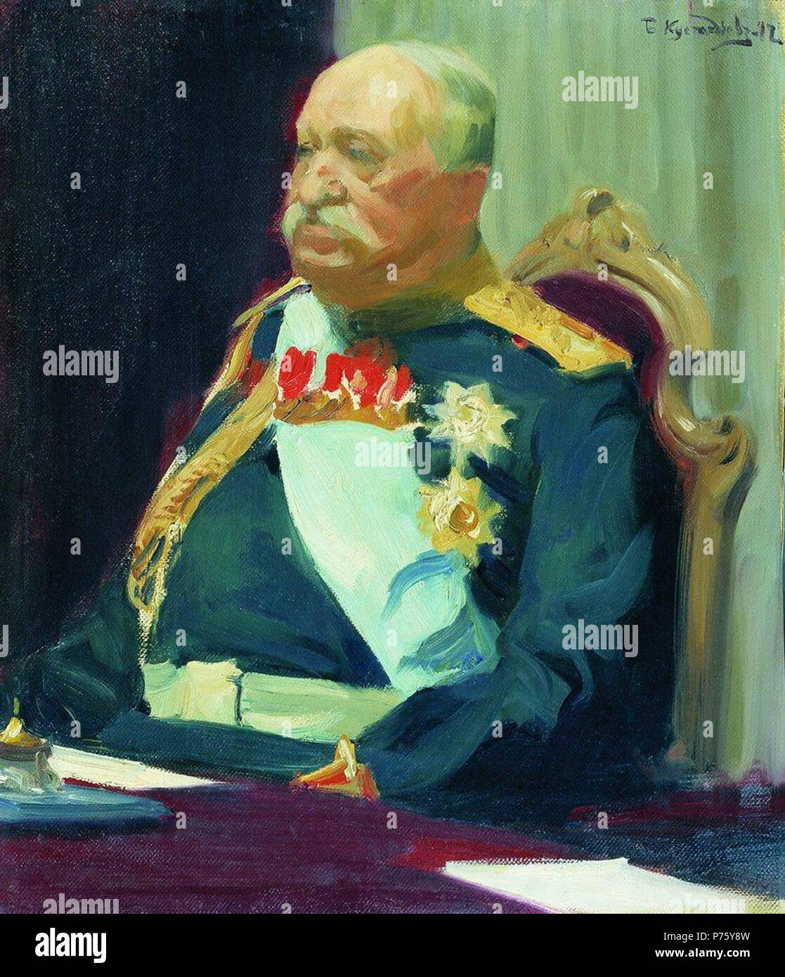 English: Portrait of infantry general and member of State Council Count Nikolai Pavlovich Ignatiev. Study for the picture Formal Session of the State Council. Oil on canvas. 57.8 × 48.8 cm. The State Tretyakov Gallery, Moscow. Español: Retrato del general de infantería y miembro del Consejo de Estado, Conde Nikolái Pávlovich Ignátiev. Estudio para el cuadro Sesión solemne del Consejo de Estado. Óleo sobre lienzo. 57,8 × 48,8 cm. Galería estatal Tretiakov, Moscú. :            .       . , . 57.8 × 48.8 .   , . . 1902 168 N.P.Ignatiev by Kustodiev Stock Photo