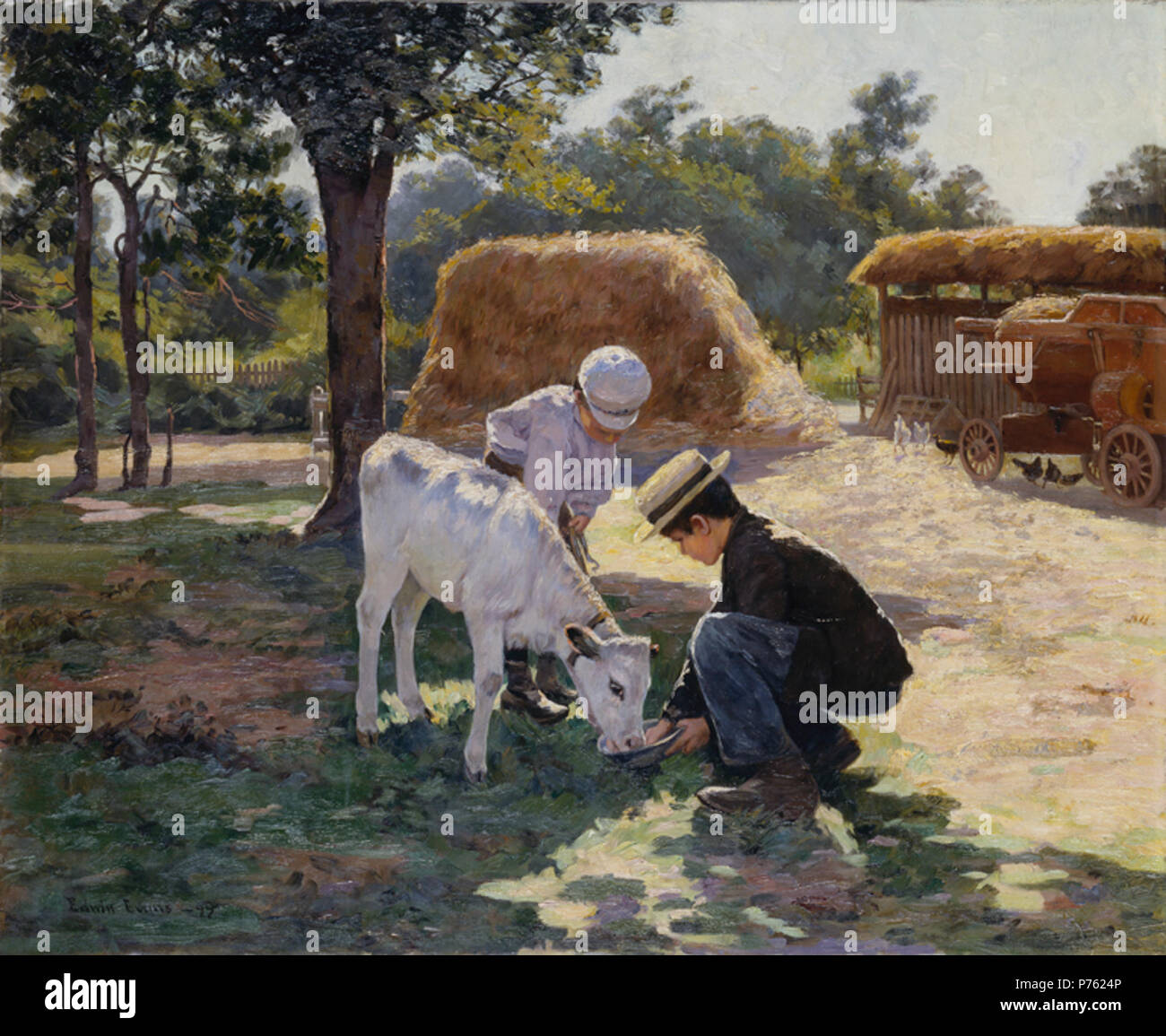 English: The Calf, 1899, oil on canvas, 28 x 34 inches, Brigham Young University Museum of Art . 1899 15 Evans-Calf Stock Photo