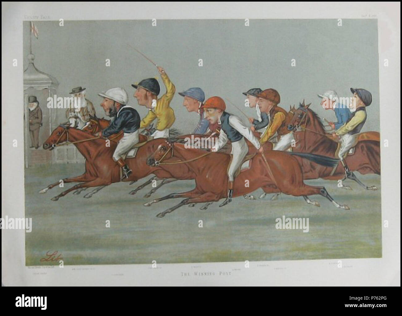 Winter Suppliment; double print No.: Caricature of Group of jockeys and their horses. John Osborne, Tom Cannon, John Watts, Fred Webb, Fred Barrett, George Barrett, William Robinson and Fred Rickaby. Caption reads: 'The Winning Post' . 8 December 1888 230 The Winning Post, Vanity Fair, 1888-12-08 Stock Photo
