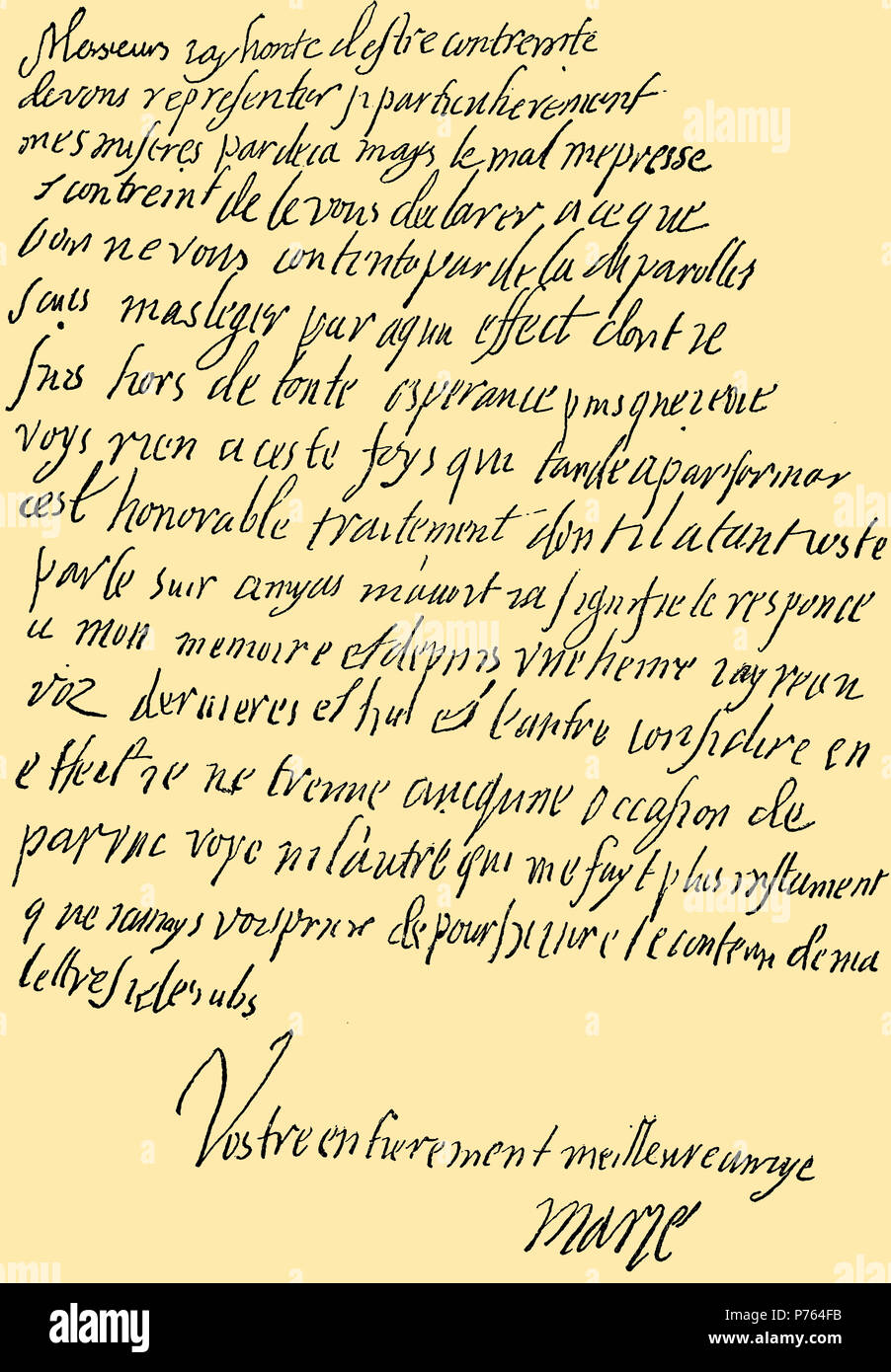Facsimile of a text by Maria Stuart on a letter to the French